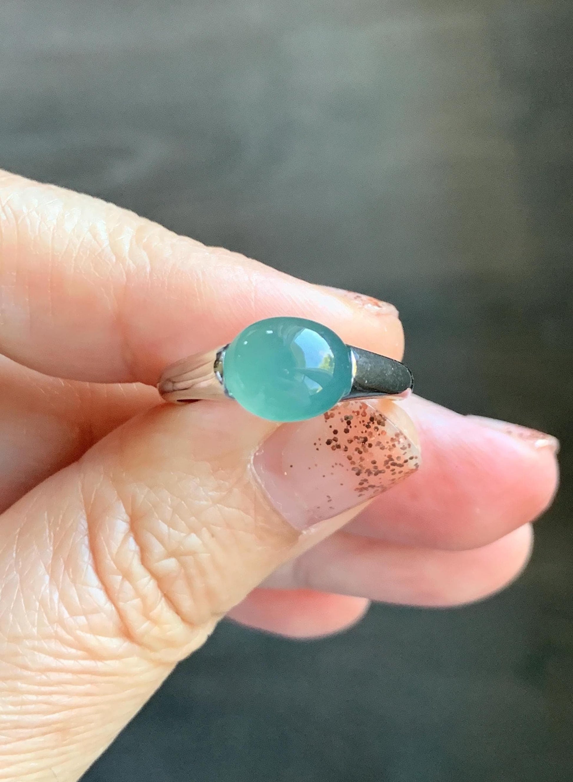 Natural Grade A Guatemalan Icy Translucent Teal Green Oval Cabochon Jade Jadeite Ring Sterling Silver Size Adjustable 天然冰危蓝绿翡翠银镶戒指 JDX223A