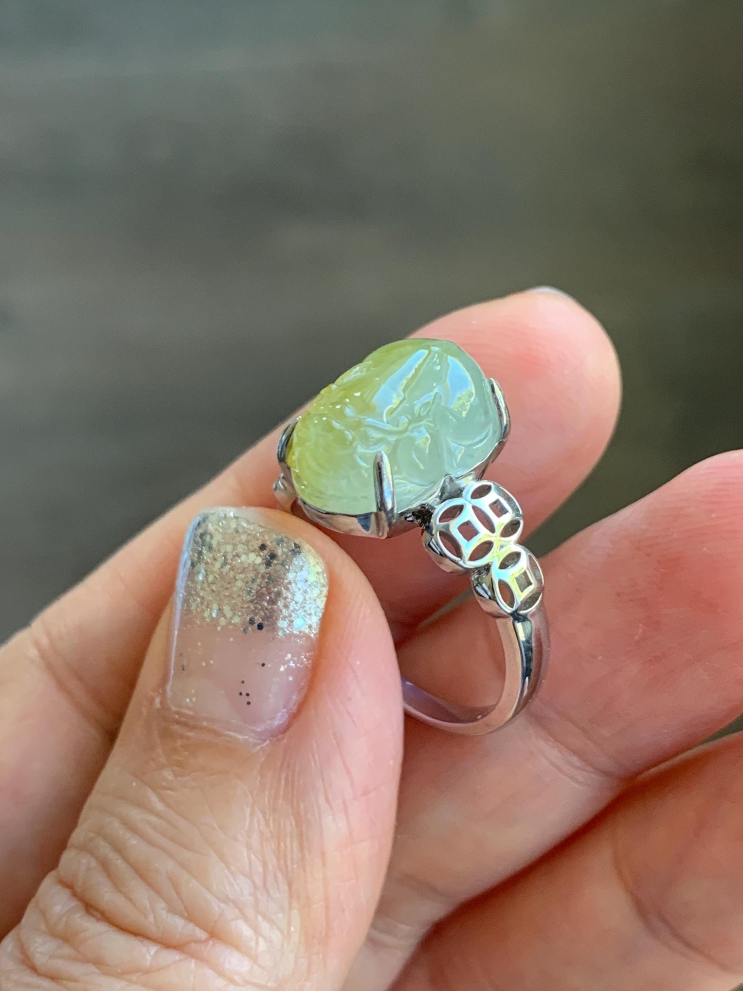 Certified Natural Grade A Icy Highly Translucent Bright Yellow Jade Jadeite Pixiu Ring Sterling Silver size 7.25 US 4.55g 天然冰胶黄翡翠貔貅银镶戒指 182