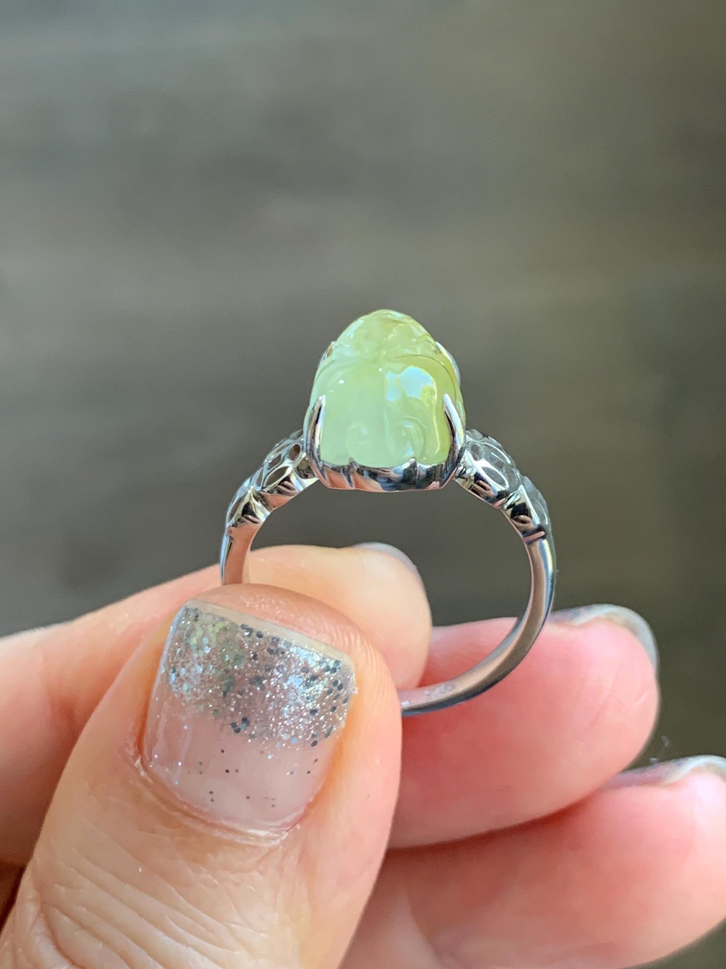 Certified Natural Grade A Icy Highly Translucent Bright Yellow Jade Jadeite Pixiu Ring Sterling Silver size 7.25 US 4.55g 天然冰胶黄翡翠貔貅银镶戒指 182