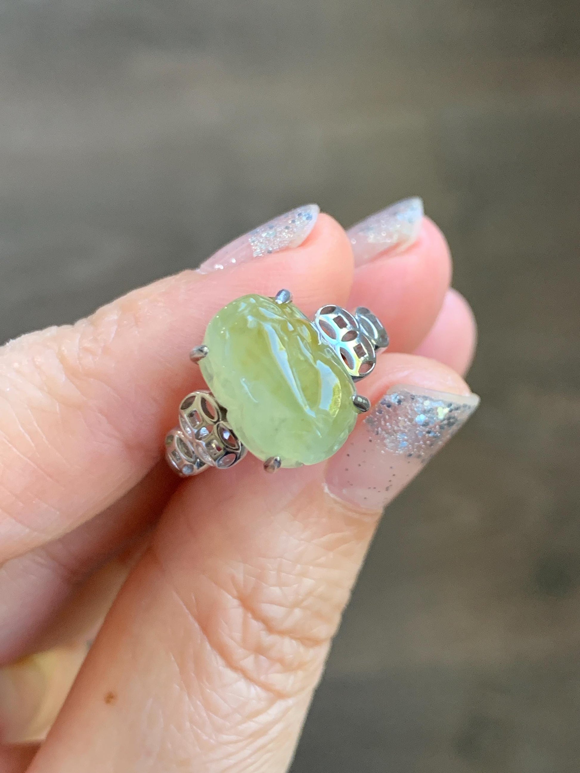 Certified Natural Grade A Icy Highly Translucent Bright Yellow Jade Jadeite Pixiu Ring Sterling Silver size 7.25 US 4.55g 天然冰胶黄翡翠貔貅银镶戒指 182