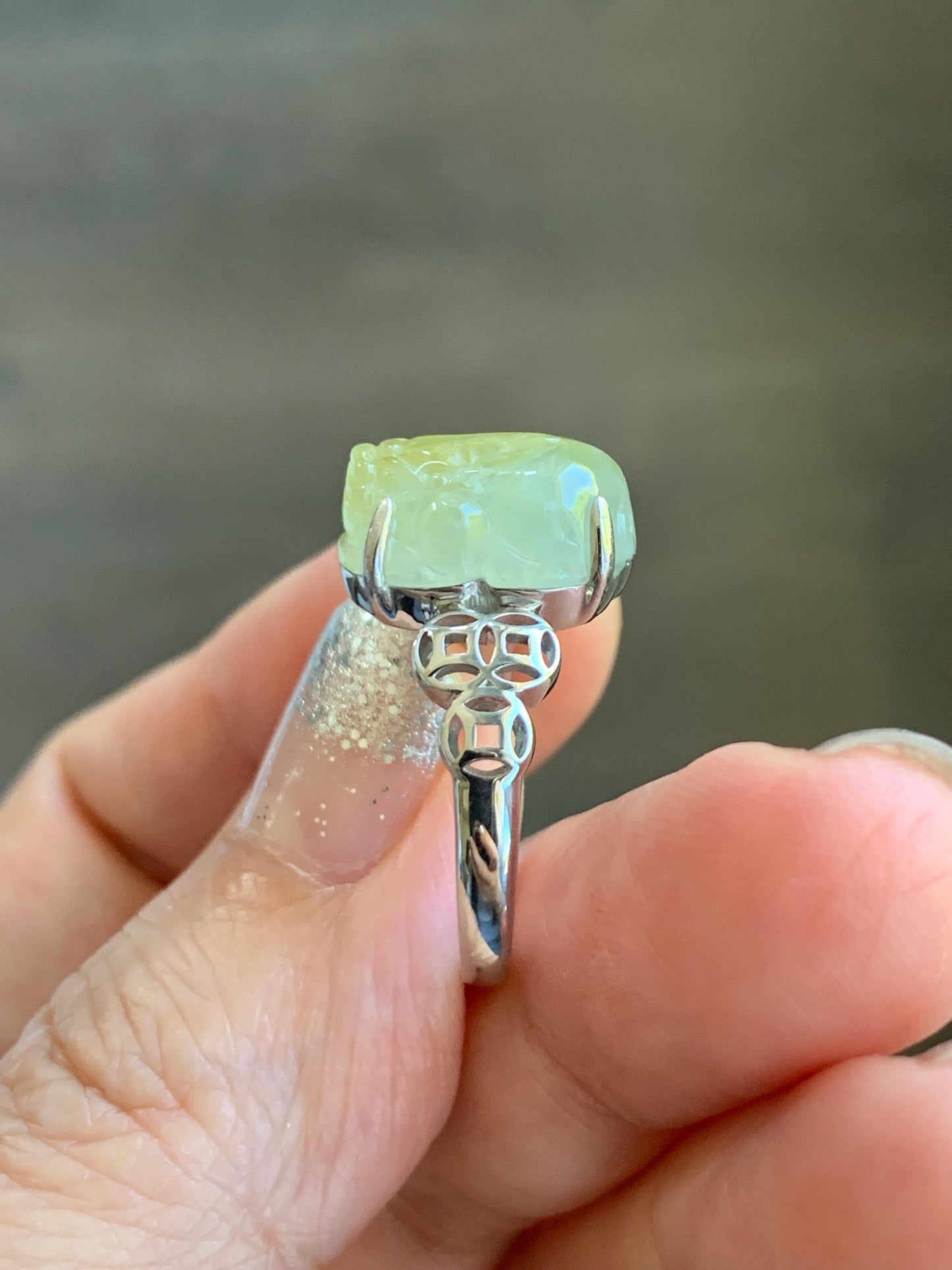 Certified Natural Grade A Icy Highly Translucent Bright Yellow Jade Jadeite Pixiu Ring Sterling Silver size 7.25 US 4.55g 天然冰胶黄翡翠貔貅银镶戒指 182