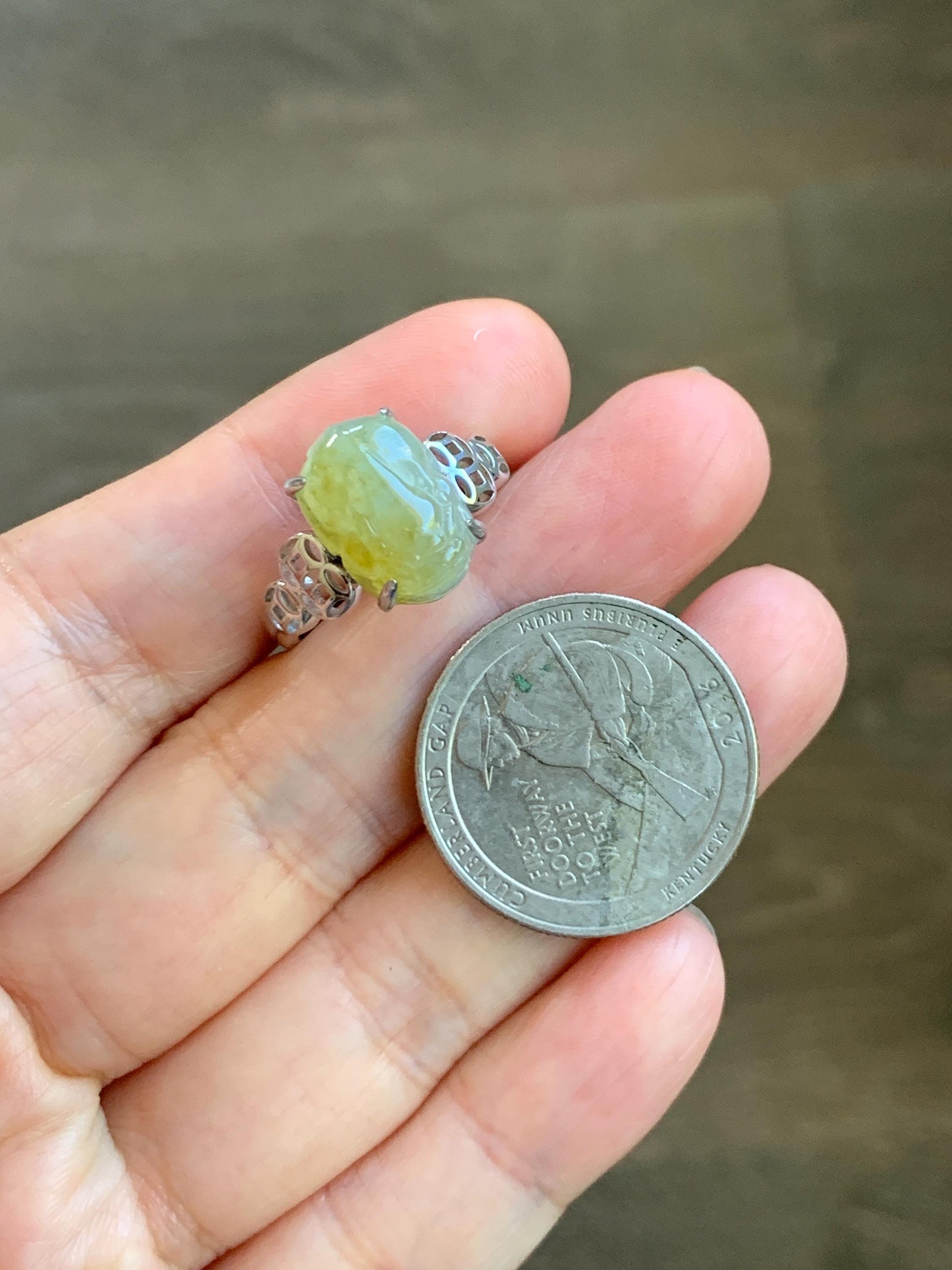 Certified Natural Grade A Icy Highly Translucent Bright Yellow Jade Jadeite Pixiu Ring Sterling Silver size 7.25 US 4.55g 天然冰胶黄翡翠貔貅银镶戒指 182