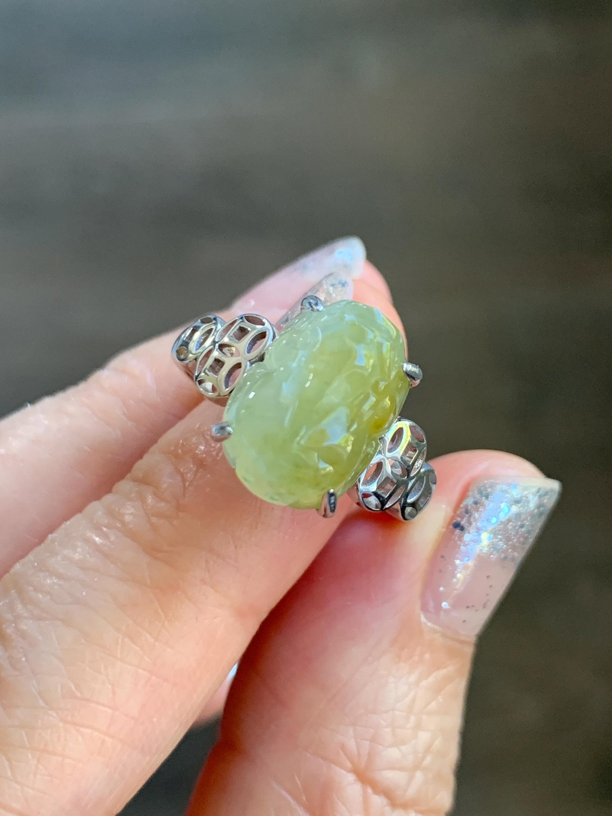 Certified Natural Grade A Icy Highly Translucent Bright Yellow Jade Jadeite Pixiu Ring Sterling Silver size 7.25 US 4.55g 天然冰胶黄翡翠貔貅银镶戒指 182