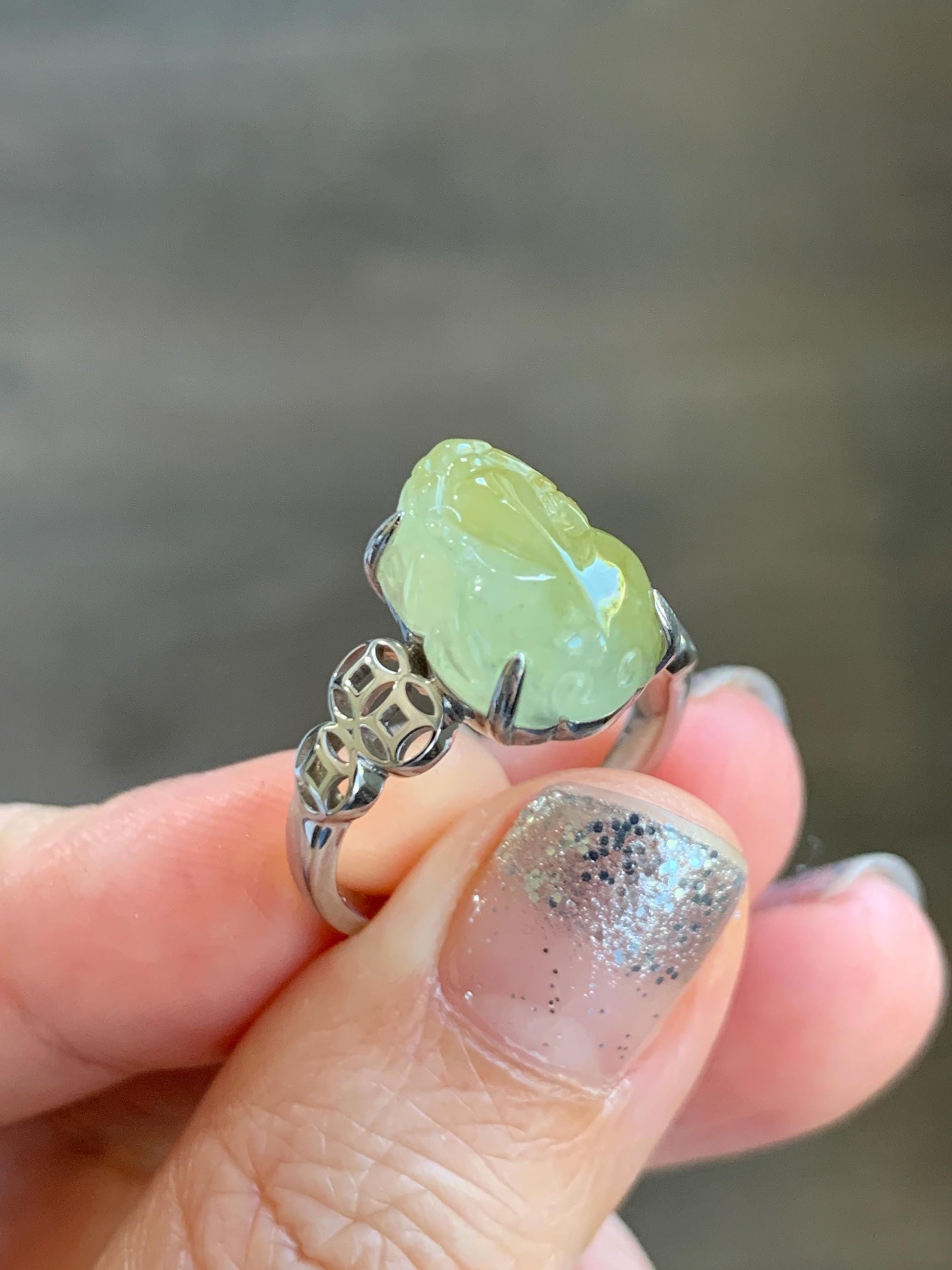 Certified Natural Grade A Icy Highly Translucent Bright Yellow Jade Jadeite Pixiu Ring Sterling Silver size 7.25 US 4.55g 天然冰胶黄翡翠貔貅银镶戒指 182