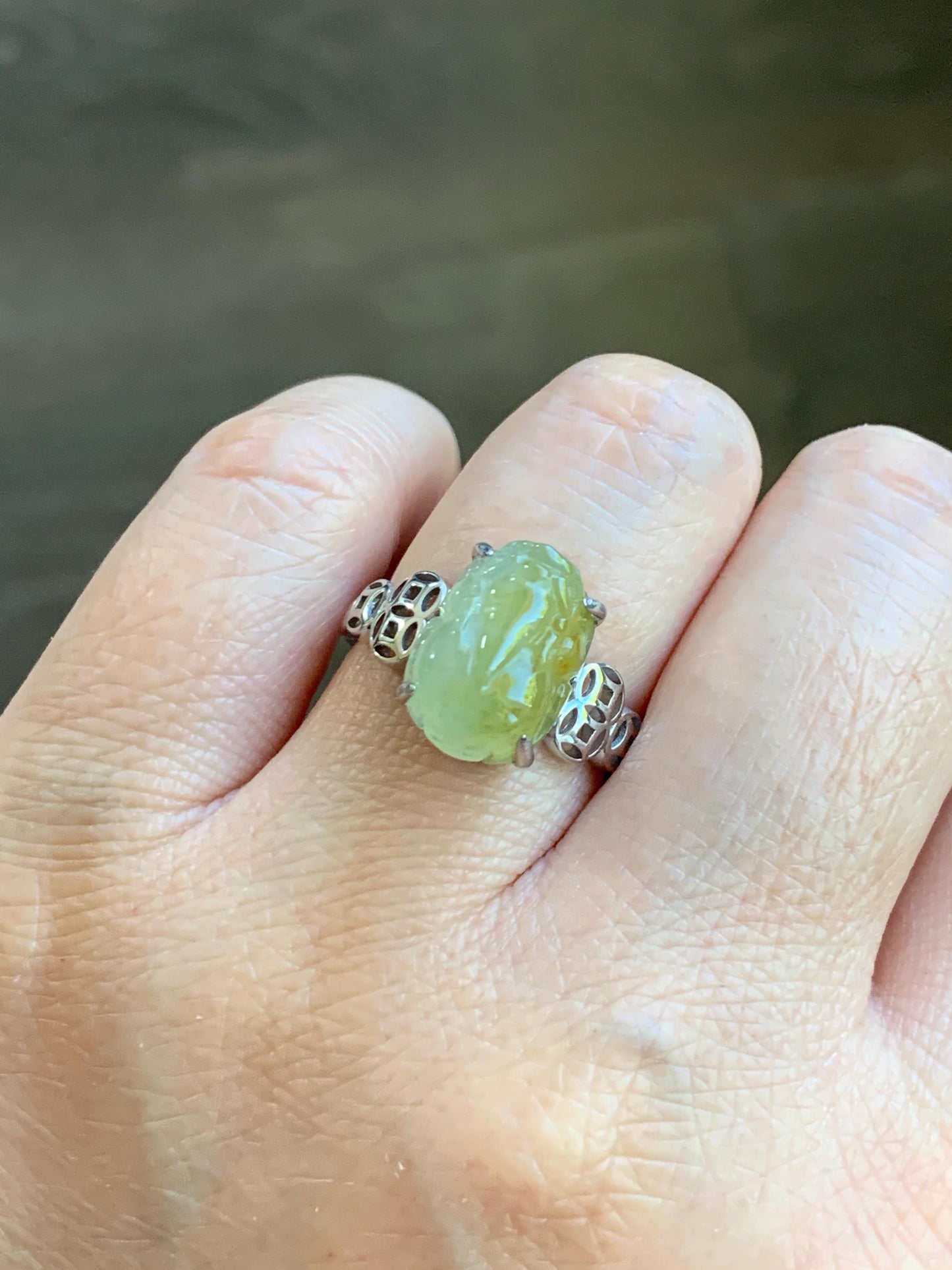 Certified Natural Grade A Icy Highly Translucent Bright Yellow Jade Jadeite Pixiu Ring Sterling Silver size 7.25 US 4.55g 天然冰胶黄翡翠貔貅银镶戒指 182
