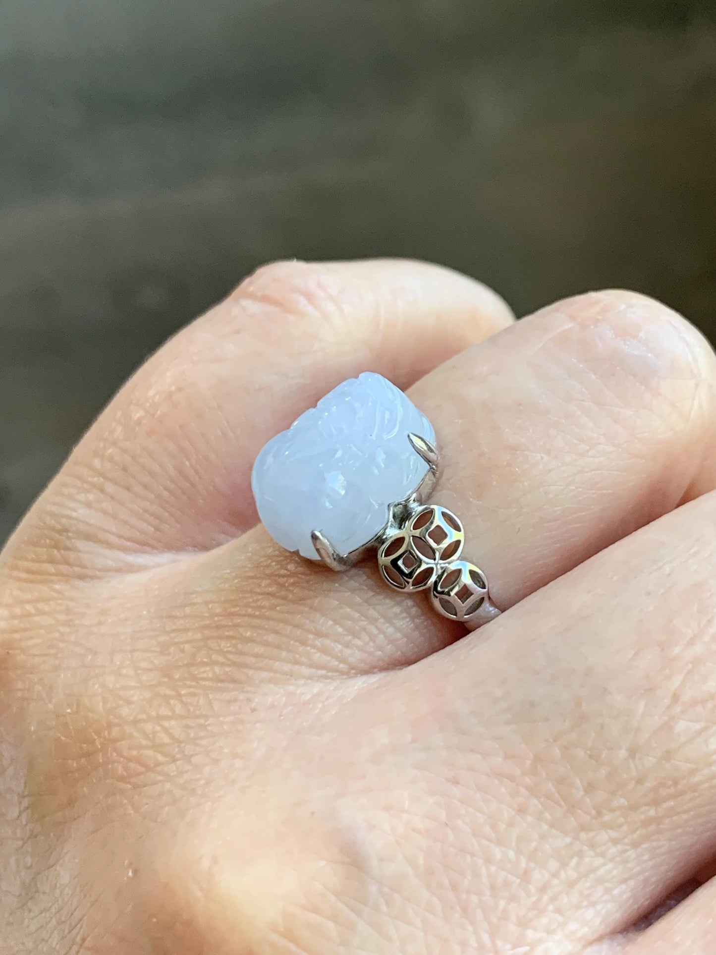 Certified Natural Grade A Icy Translucent Pastel Purple Jade Jadeite Pixiu Ring Sterling Silver size 7.25 US 4.54g 天然细糯冰淡紫底翡翠貔貅银镶戒指 181