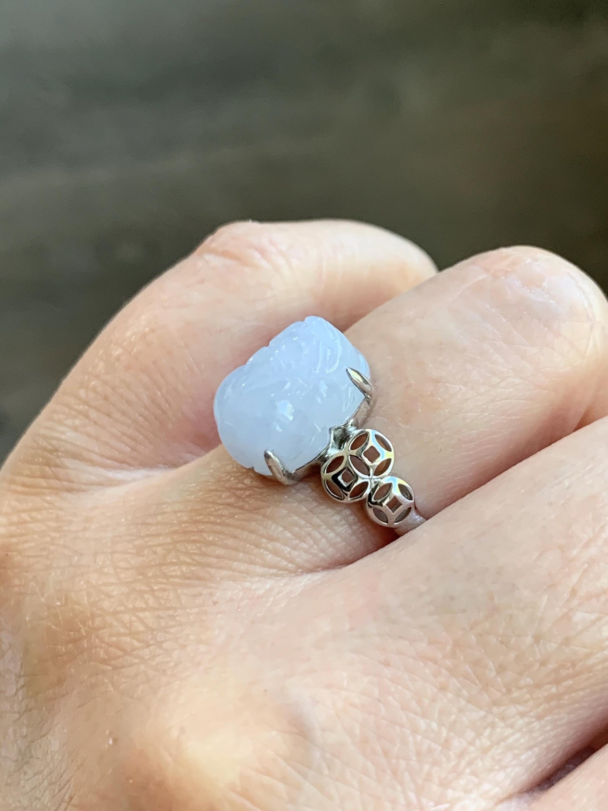 Certified Natural Grade A Icy Translucent Pastel Purple Jade Jadeite Pixiu Ring Sterling Silver size 7.25 US 4.54g 天然细糯冰淡紫底翡翠貔貅银镶戒指 181