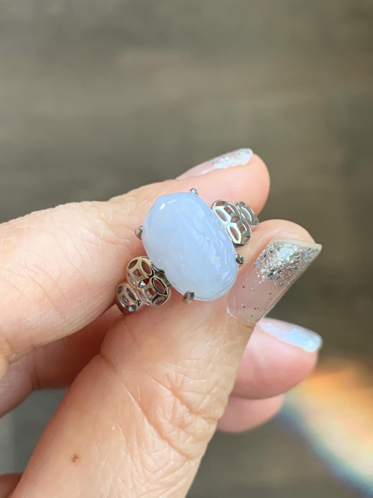 Certified Natural Grade A Icy Translucent Pastel Purple Jade Jadeite Pixiu Ring Sterling Silver size 7.25 US 4.54g 天然细糯冰淡紫底翡翠貔貅银镶戒指 181