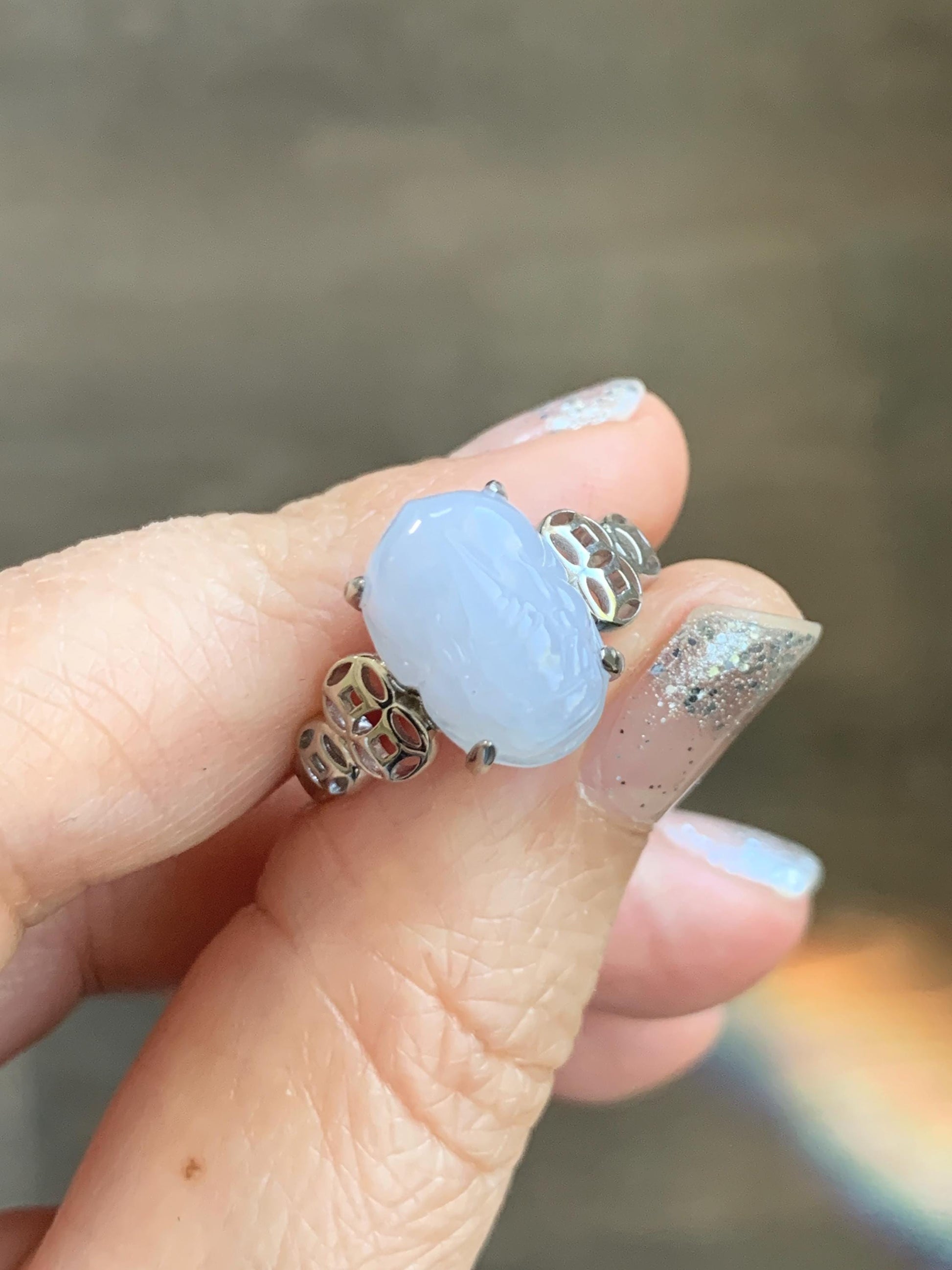 Certified Natural Grade A Icy Translucent Pastel Purple Jade Jadeite Pixiu Ring Sterling Silver size 7.25 US 4.54g 天然细糯冰淡紫底翡翠貔貅银镶戒指 181
