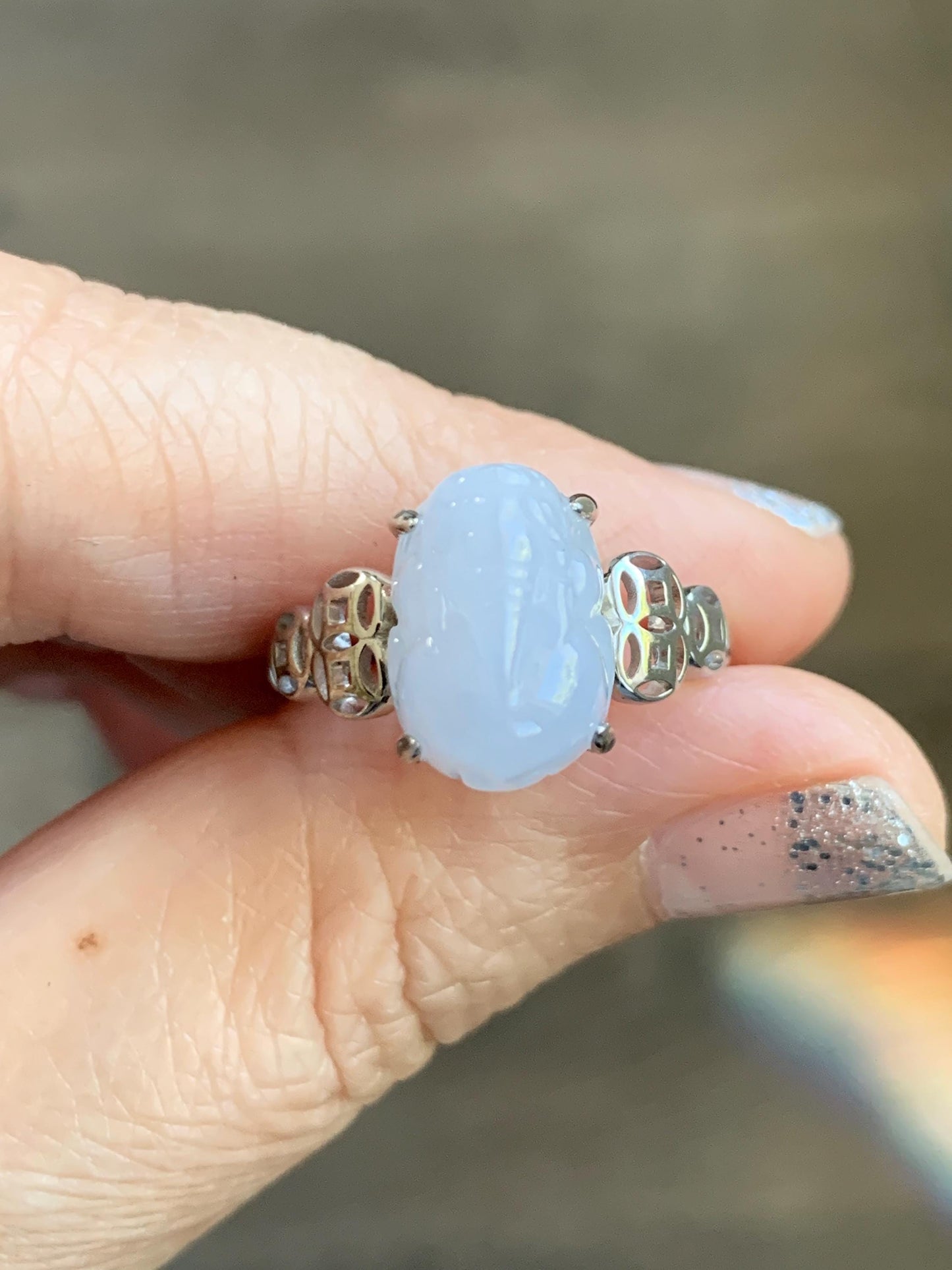 Certified Natural Grade A Icy Translucent Pastel Purple Jade Jadeite Pixiu Ring Sterling Silver size 7.25 US 4.54g 天然细糯冰淡紫底翡翠貔貅银镶戒指 181