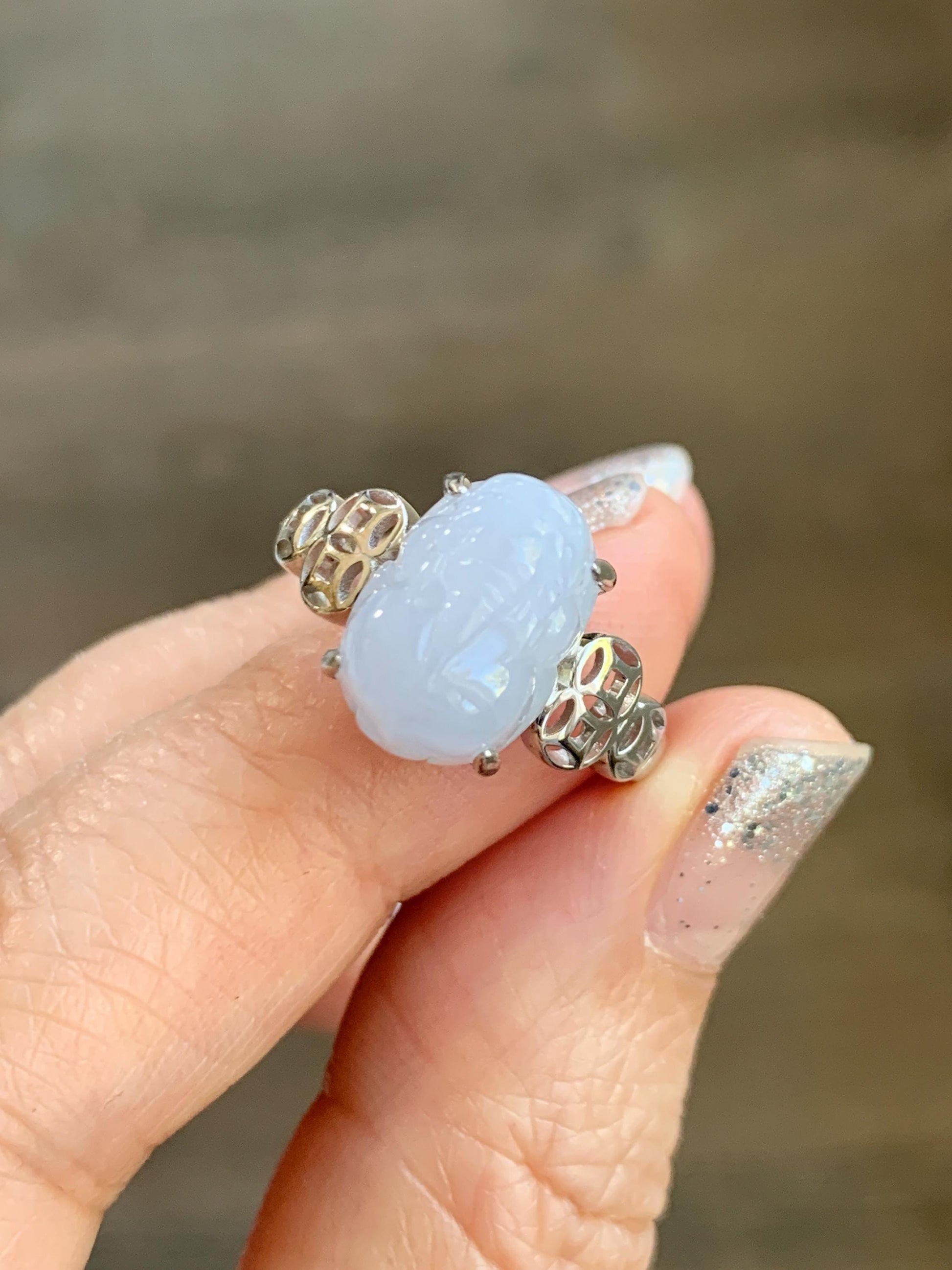 Certified Natural Grade A Icy Translucent Pastel Purple Jade Jadeite Pixiu Ring Sterling Silver size 7.25 US 4.54g 天然细糯冰淡紫底翡翠貔貅银镶戒指 181