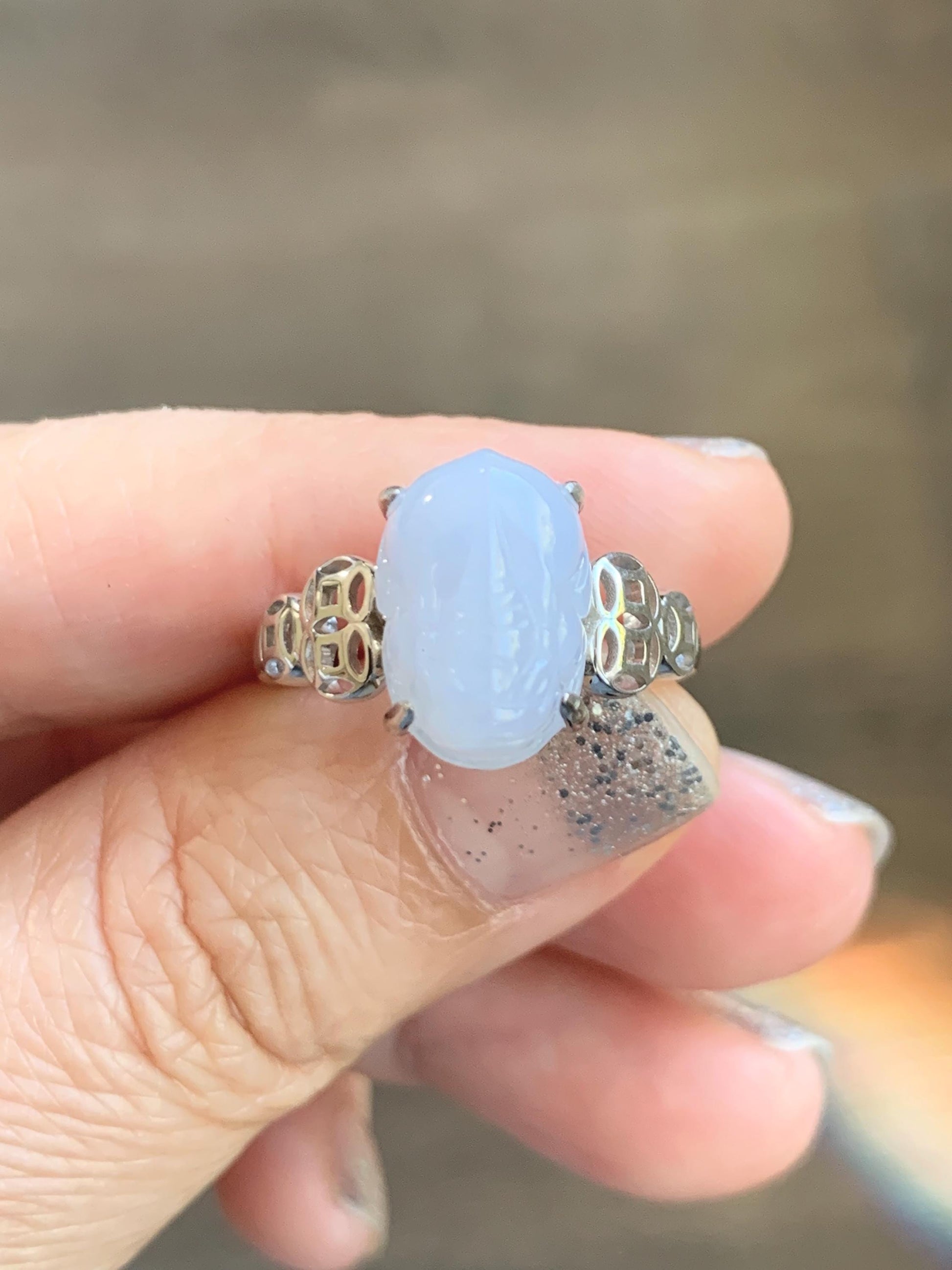 Certified Natural Grade A Icy Translucent Pastel Purple Jade Jadeite Pixiu Ring Sterling Silver size 7.25 US 4.54g 天然细糯冰淡紫底翡翠貔貅银镶戒指 181
