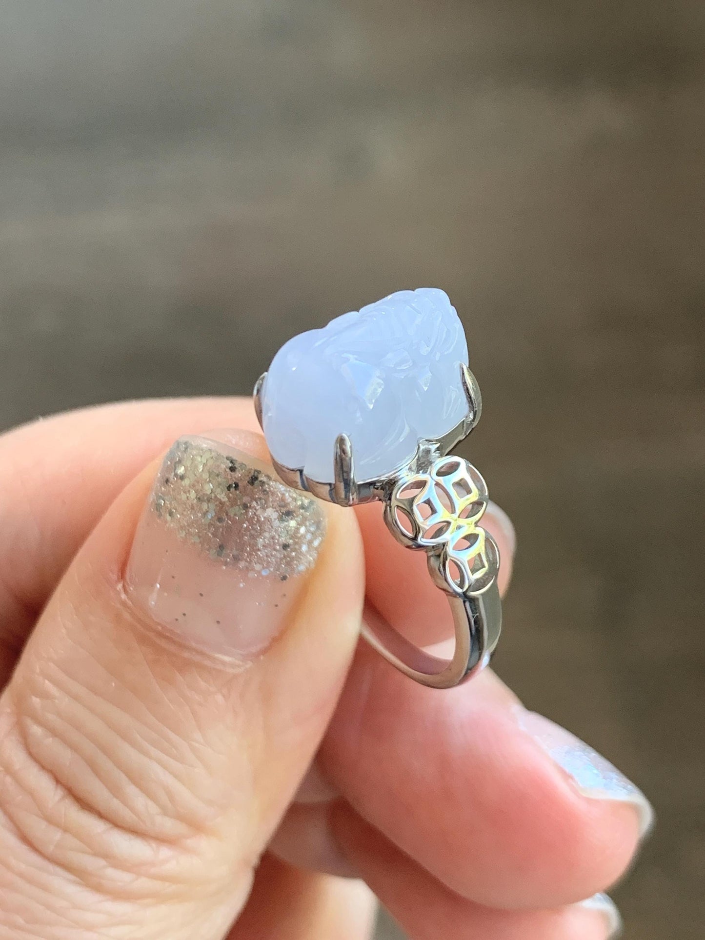 Certified Natural Grade A Icy Translucent Pastel Purple Jade Jadeite Pixiu Ring Sterling Silver size 7.25 US 4.54g 天然细糯冰淡紫底翡翠貔貅银镶戒指 181