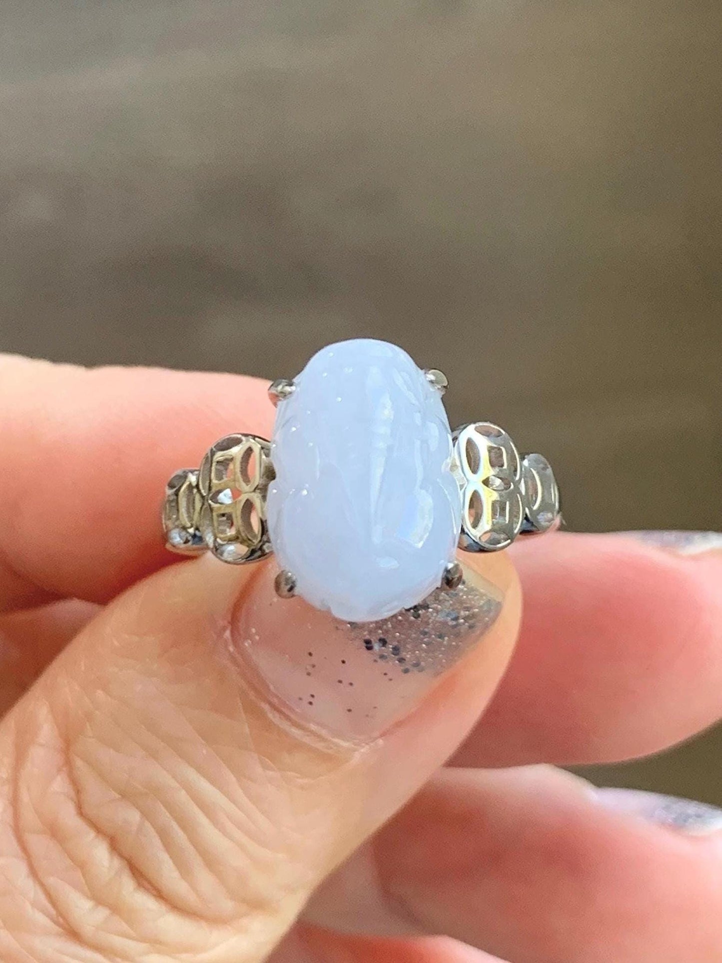 Certified Natural Grade A Icy Translucent Pastel Purple Jade Jadeite Pixiu Ring Sterling Silver size 7.25 US 4.54g 天然细糯冰淡紫底翡翠貔貅银镶戒指 181