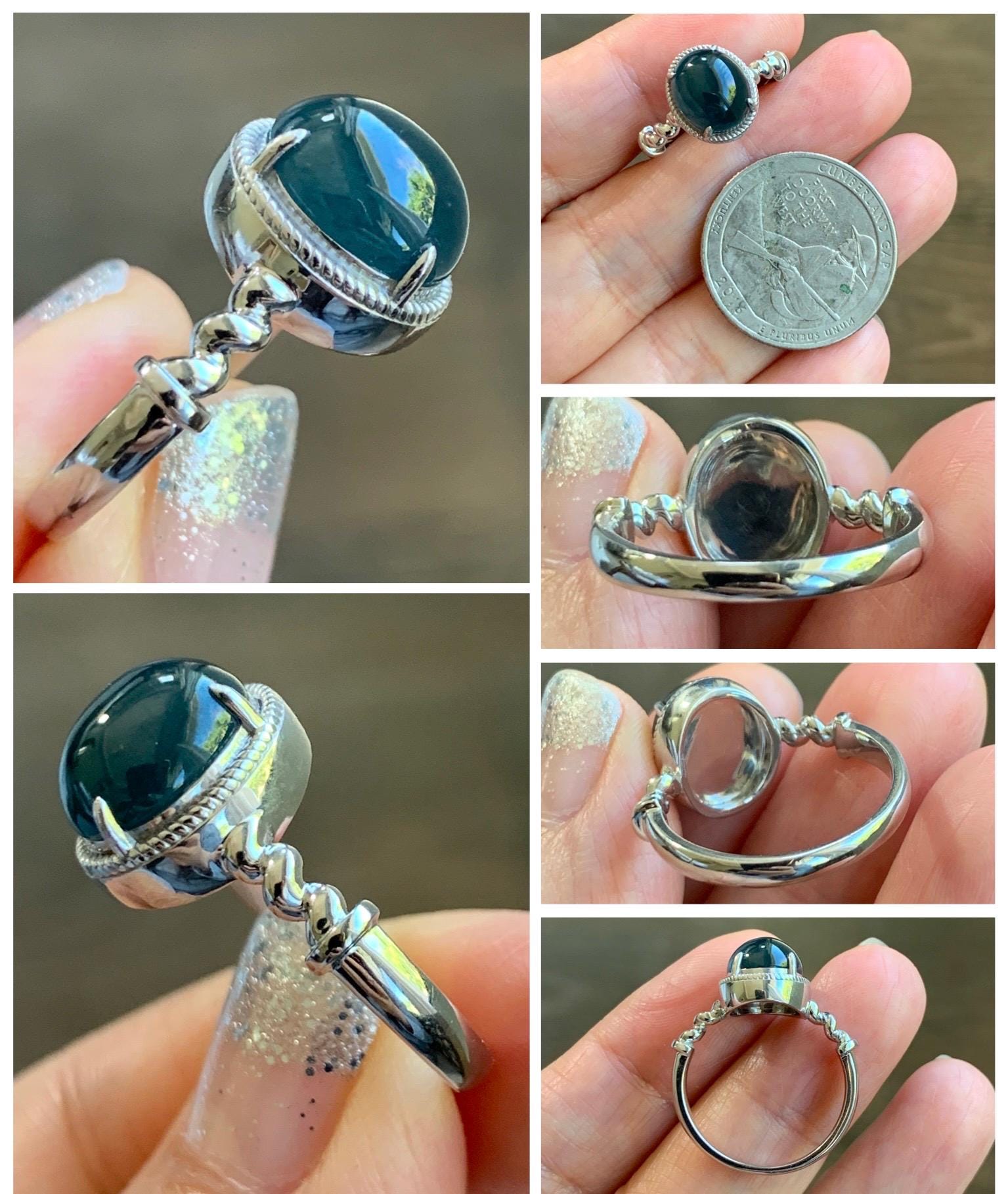 Certified Natural Grade A Guatemalan Icy Translucent Midnight Blue Jadeite Solitaire Ring Sterling Silver Size 7.25US 天然冰危老蓝水翡翠蛋面镶嵌戒指185