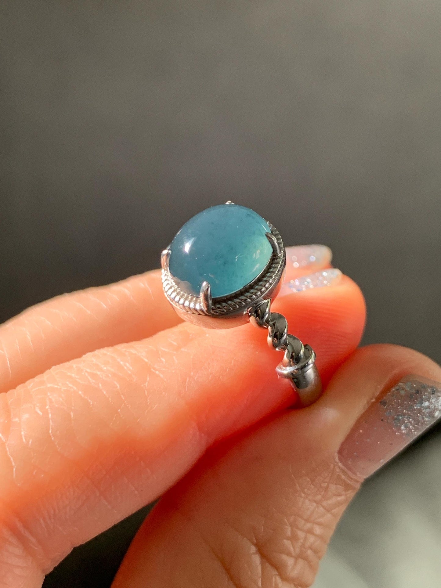 Certified Natural Grade A Guatemalan Icy Translucent Midnight Blue Jadeite Solitaire Ring Sterling Silver Size 7.25US 天然冰危老蓝水翡翠蛋面镶嵌戒指185