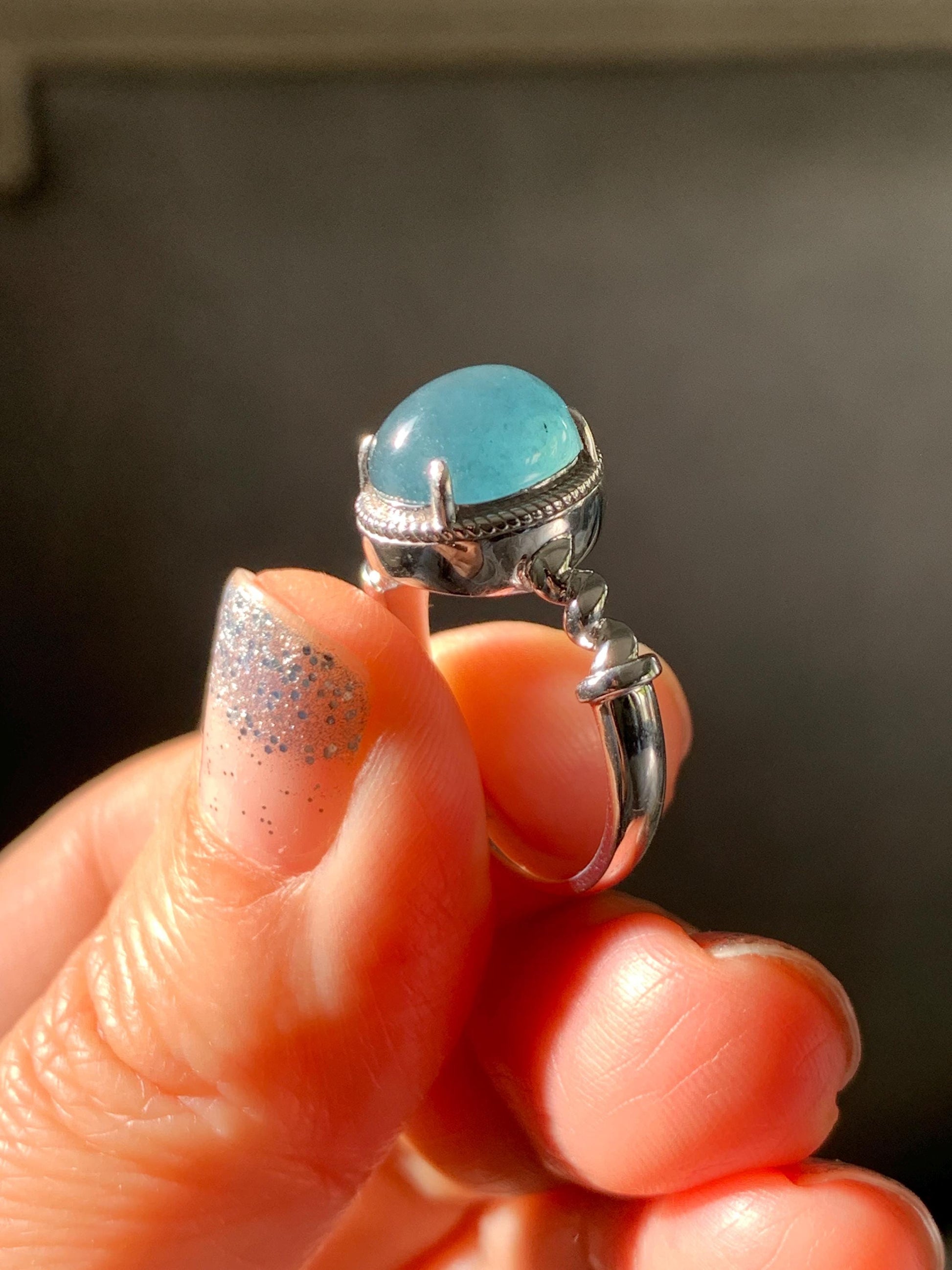 Certified Natural Grade A Guatemalan Icy Translucent Midnight Blue Jadeite Solitaire Ring Sterling Silver Size 7.25US 天然冰危老蓝水翡翠蛋面镶嵌戒指185