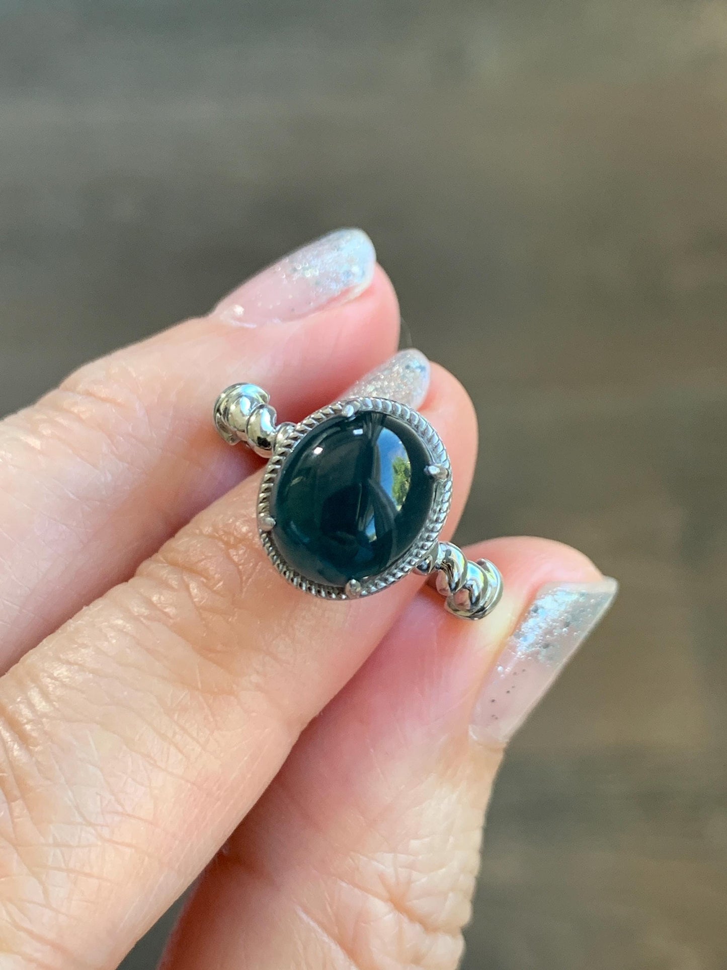 Certified Natural Grade A Guatemalan Icy Translucent Midnight Blue Jadeite Solitaire Ring Sterling Silver Size 7.25US 天然冰危老蓝水翡翠蛋面镶嵌戒指185