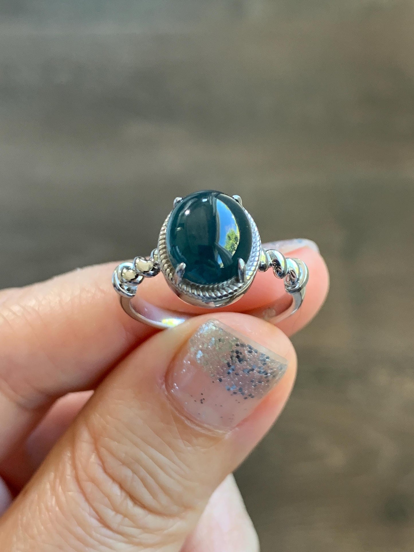 Certified Natural Grade A Guatemalan Icy Translucent Midnight Blue Jadeite Solitaire Ring Sterling Silver Size 7.25US 天然冰危老蓝水翡翠蛋面镶嵌戒指185