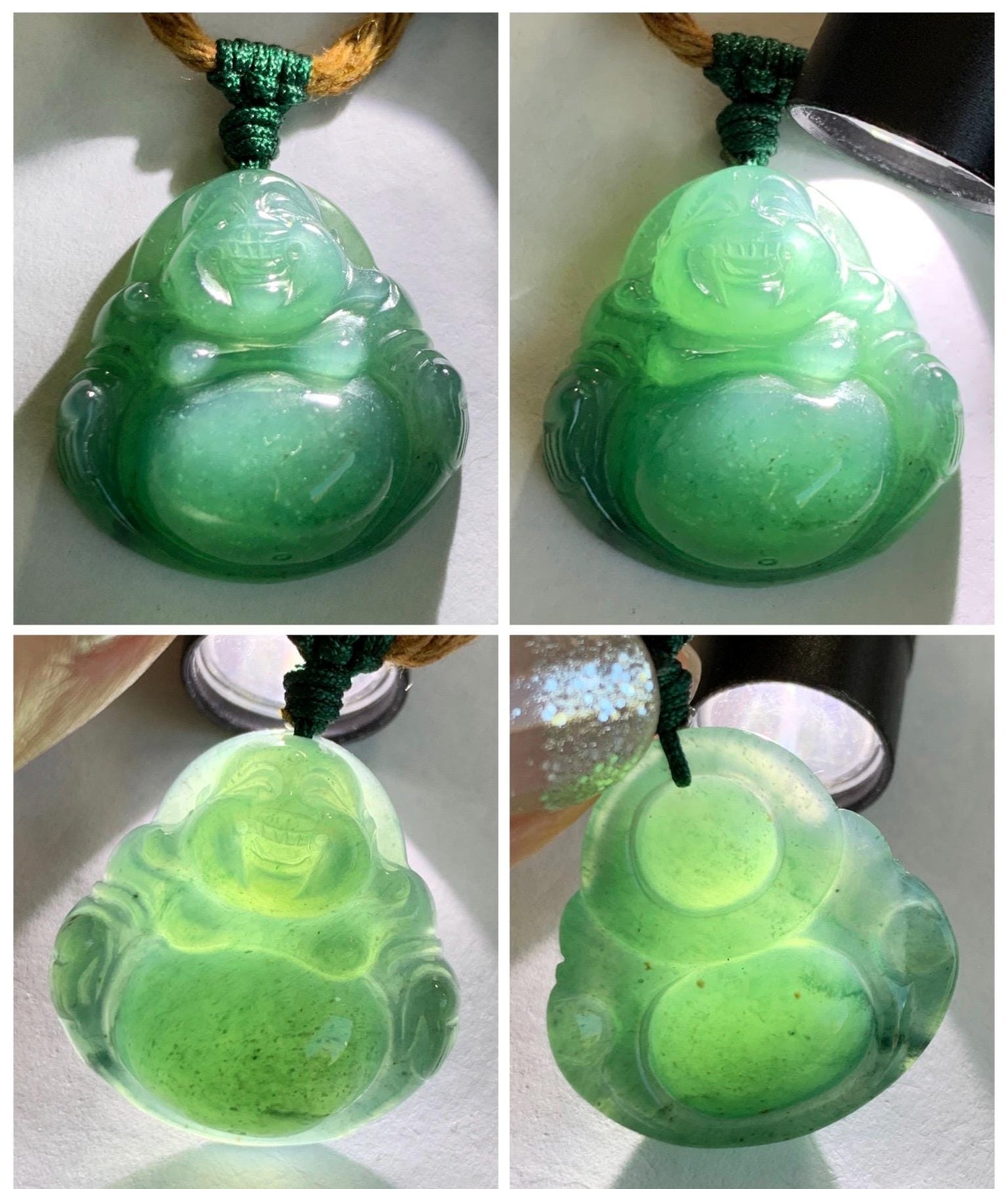 Natural Grade A Guatemalan Icy Translucent Dark Teal Green Jade Jadeite Thick Buddha Pendant Rope Necklace 26.5" 9g 天然冰危蓝绿翡翠厚佛公吊坠 HWF88
