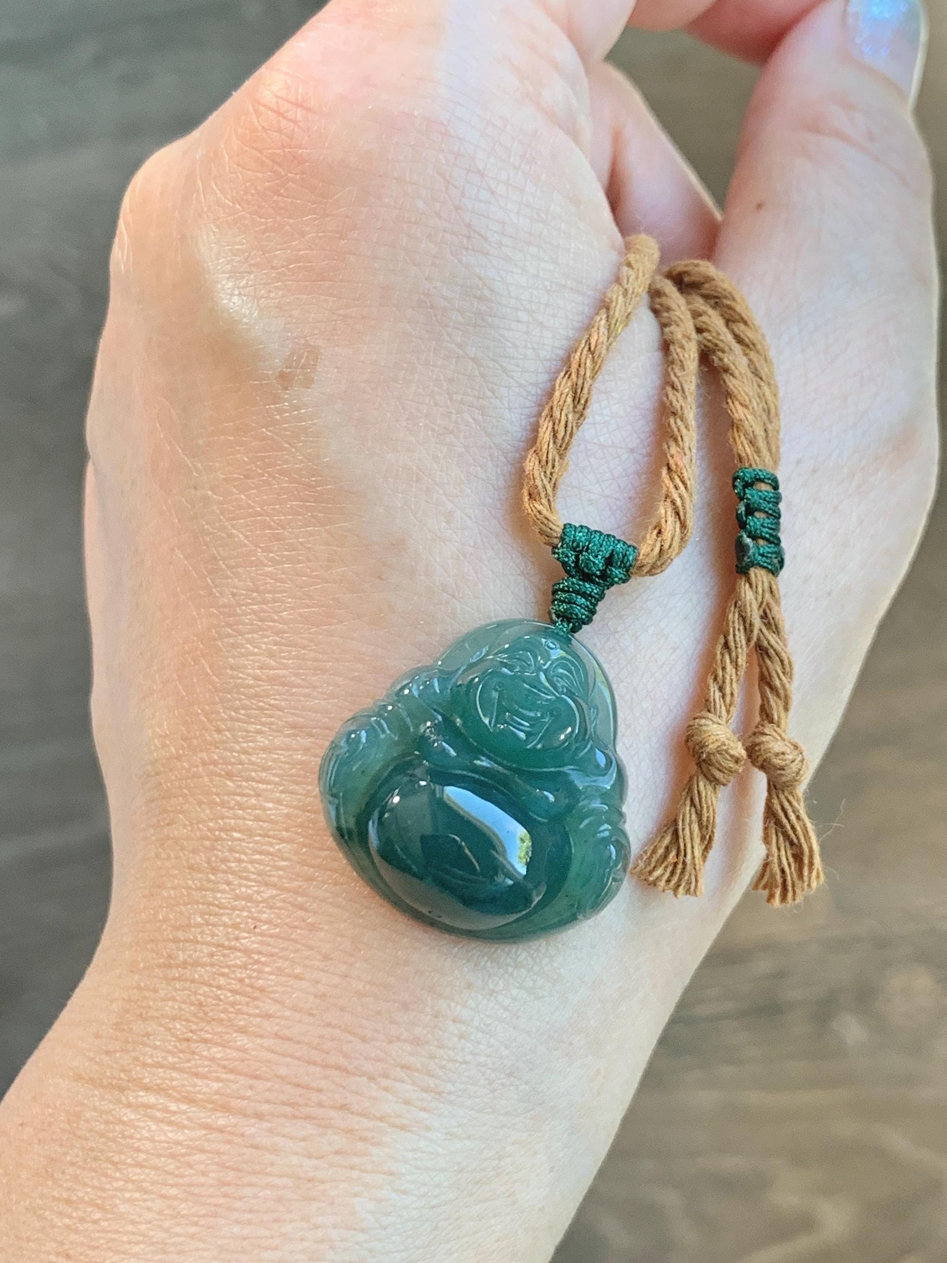 Natural Grade A Guatemalan Icy Translucent Dark Teal Green Jade Jadeite Thick Buddha Pendant Rope Necklace 26.5" 9g 天然冰危蓝绿翡翠厚佛公吊坠 HWF88