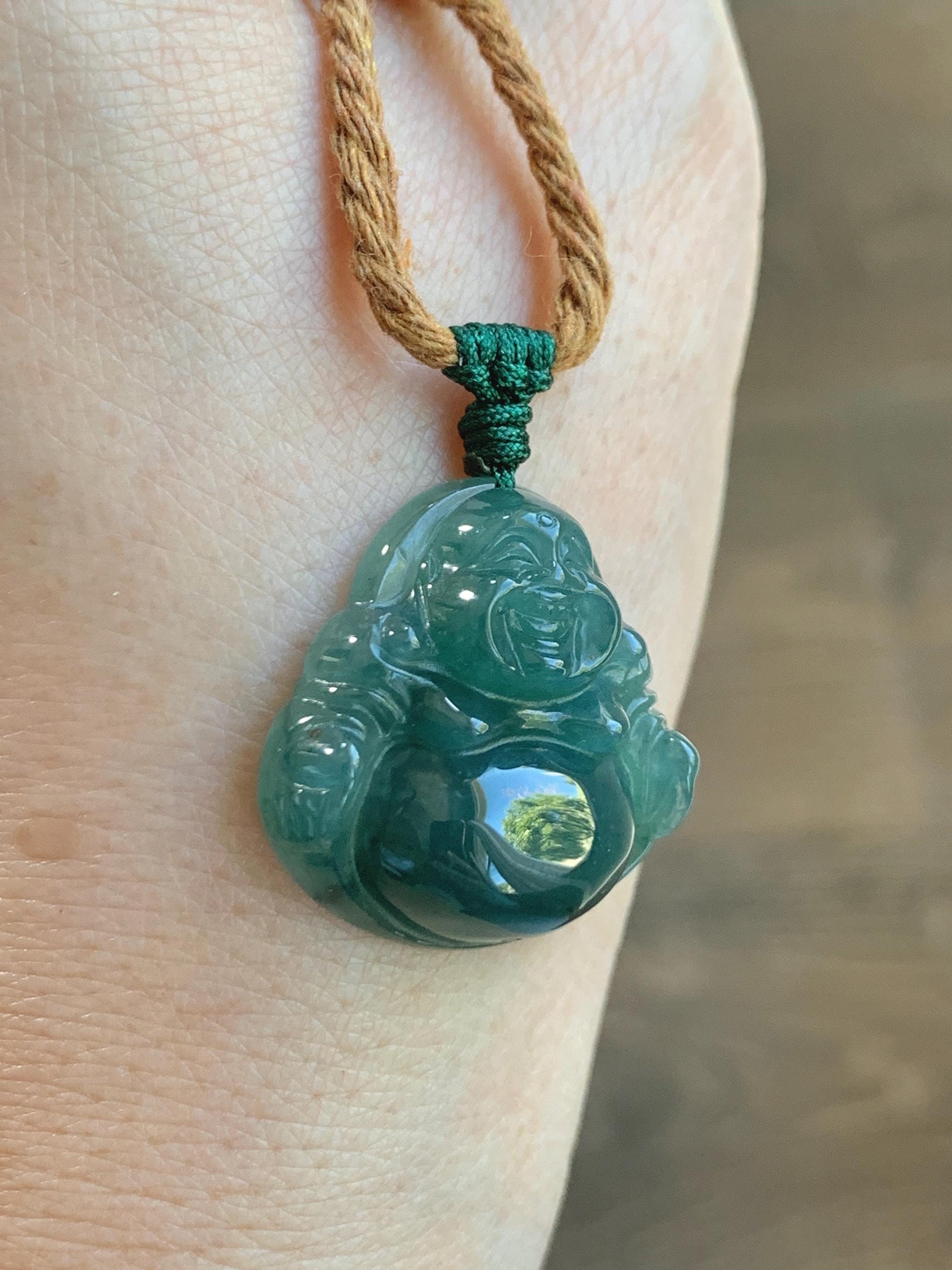 Natural Grade A Guatemalan Icy Translucent Dark Teal Green Jade Jadeite Thick Buddha Pendant Rope Necklace 26.5" 9g 天然冰危蓝绿翡翠厚佛公吊坠 HWF88