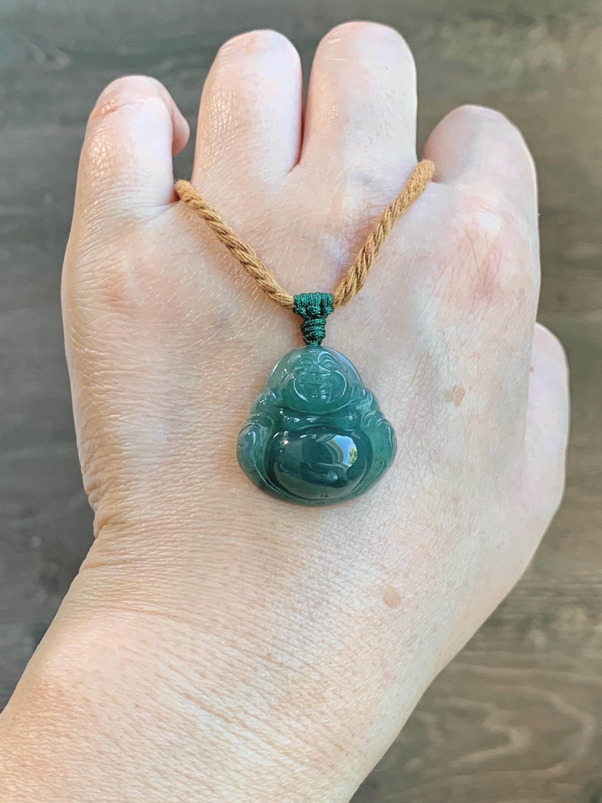 Natural Grade A Guatemalan Icy Translucent Dark Teal Green Jade Jadeite Thick Buddha Pendant Rope Necklace 26.5" 9g 天然冰危蓝绿翡翠厚佛公吊坠 HWF88