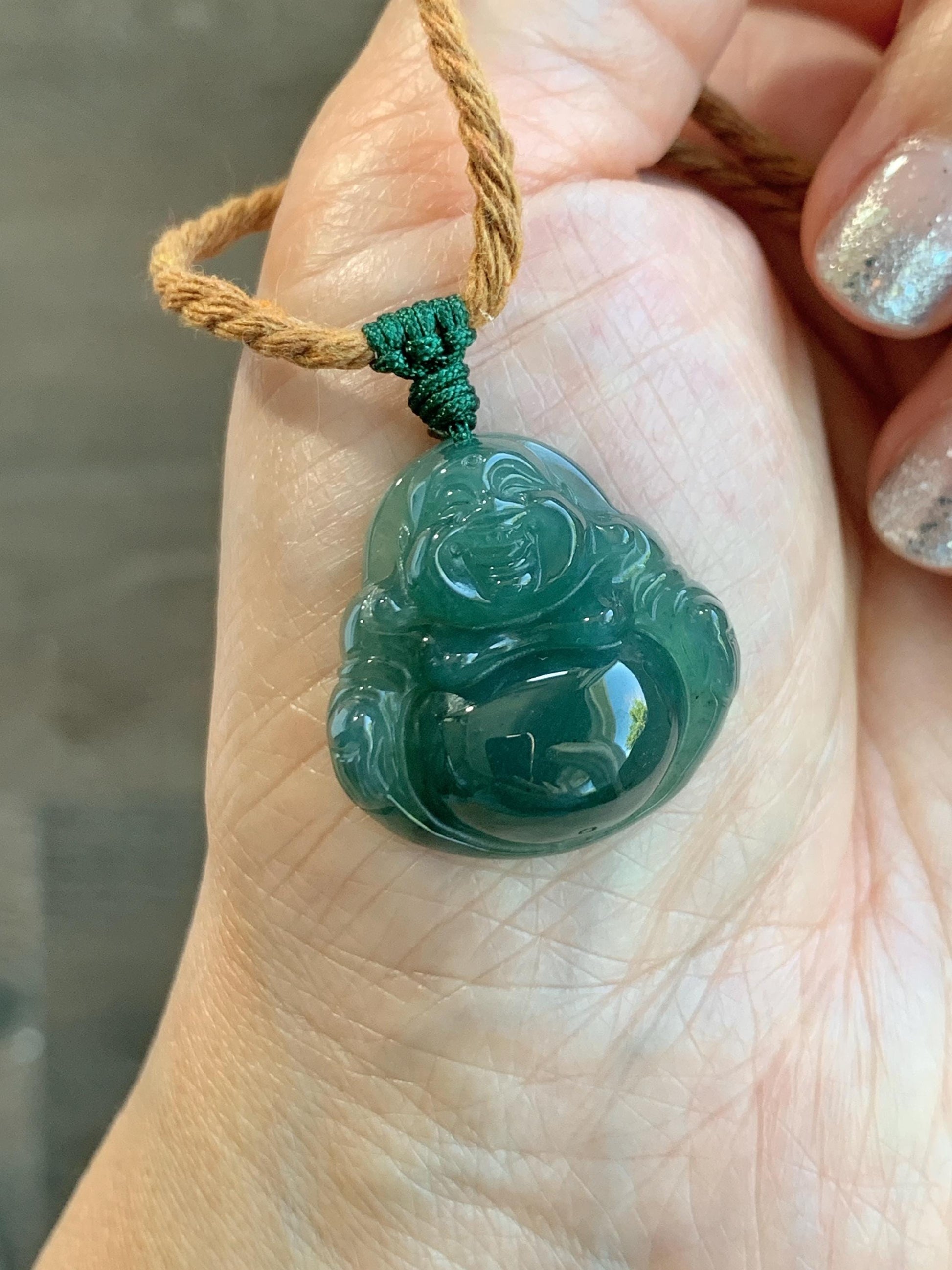 Natural Grade A Guatemalan Icy Translucent Dark Teal Green Jade Jadeite Thick Buddha Pendant Rope Necklace 26.5" 9g 天然冰危蓝绿翡翠厚佛公吊坠 HWF88