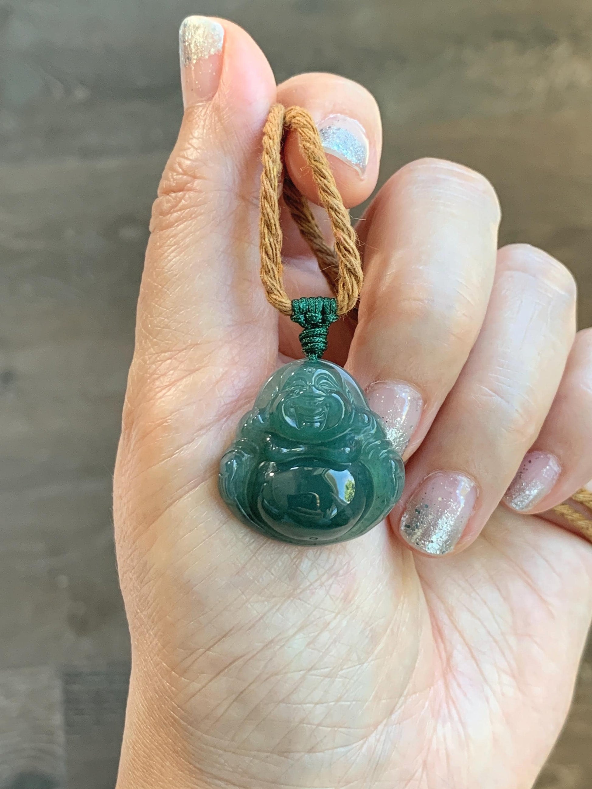 Natural Grade A Guatemalan Icy Translucent Dark Teal Green Jade Jadeite Thick Buddha Pendant Rope Necklace 26.5" 9g 天然冰危蓝绿翡翠厚佛公吊坠 HWF88