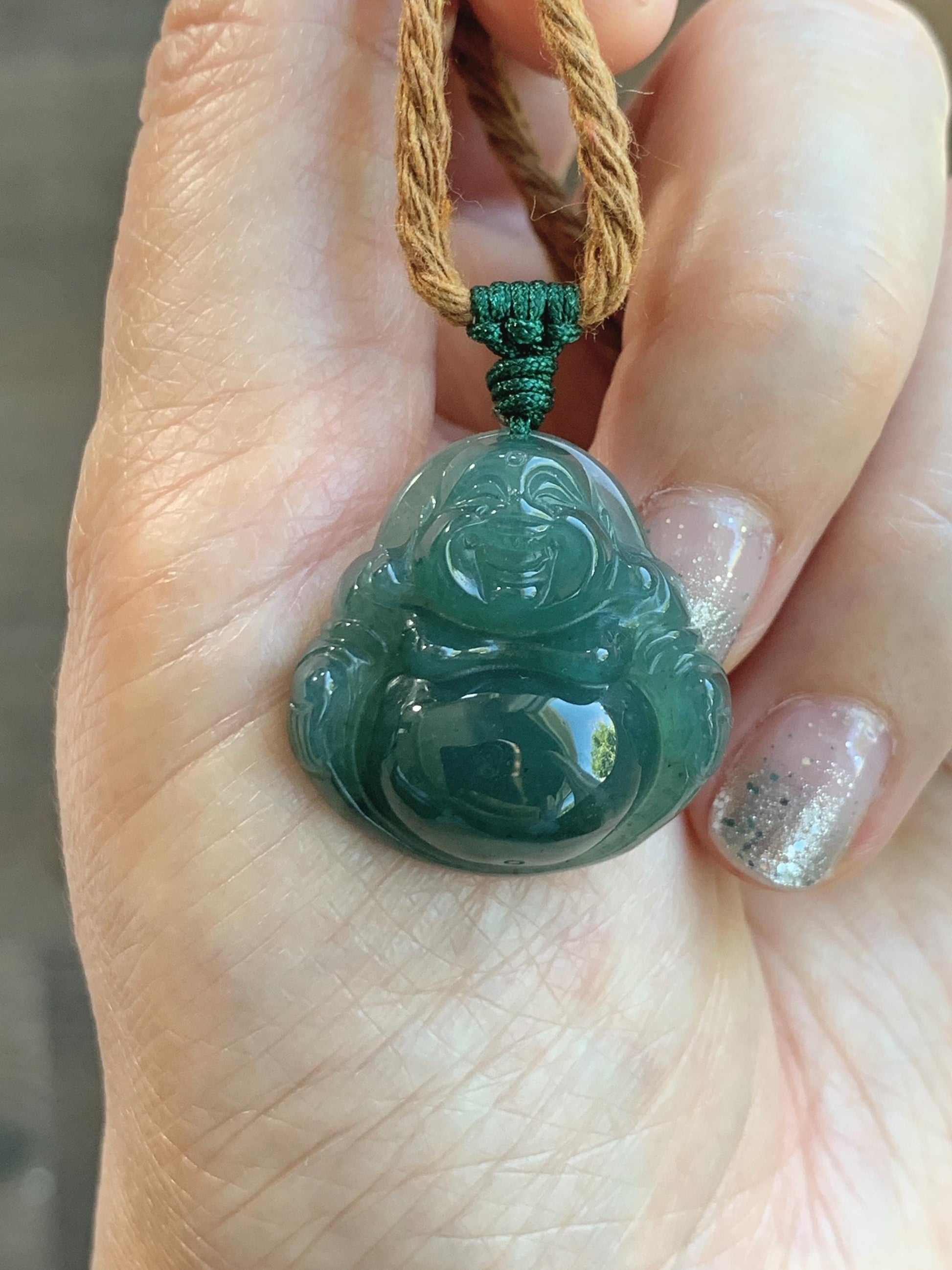 Natural Grade A Guatemalan Icy Translucent Dark Teal Green Jade Jadeite Thick Buddha Pendant Rope Necklace 26.5" 9g 天然冰危蓝绿翡翠厚佛公吊坠 HWF88