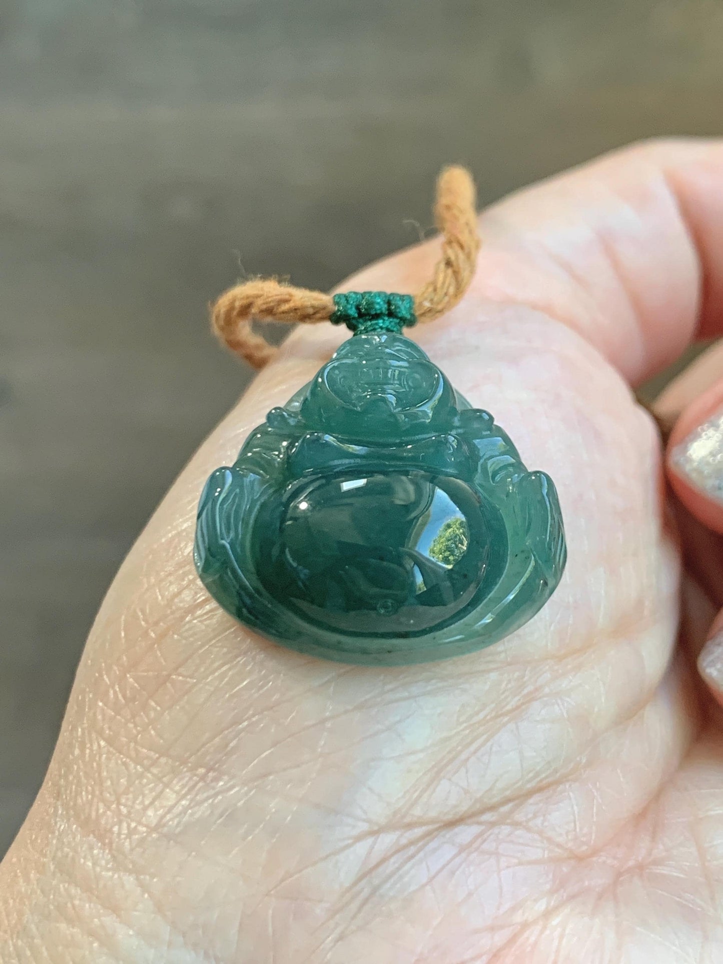 Natural Grade A Guatemalan Icy Translucent Dark Teal Green Jade Jadeite Thick Buddha Pendant Rope Necklace 26.5" 9g 天然冰危蓝绿翡翠厚佛公吊坠 HWF88