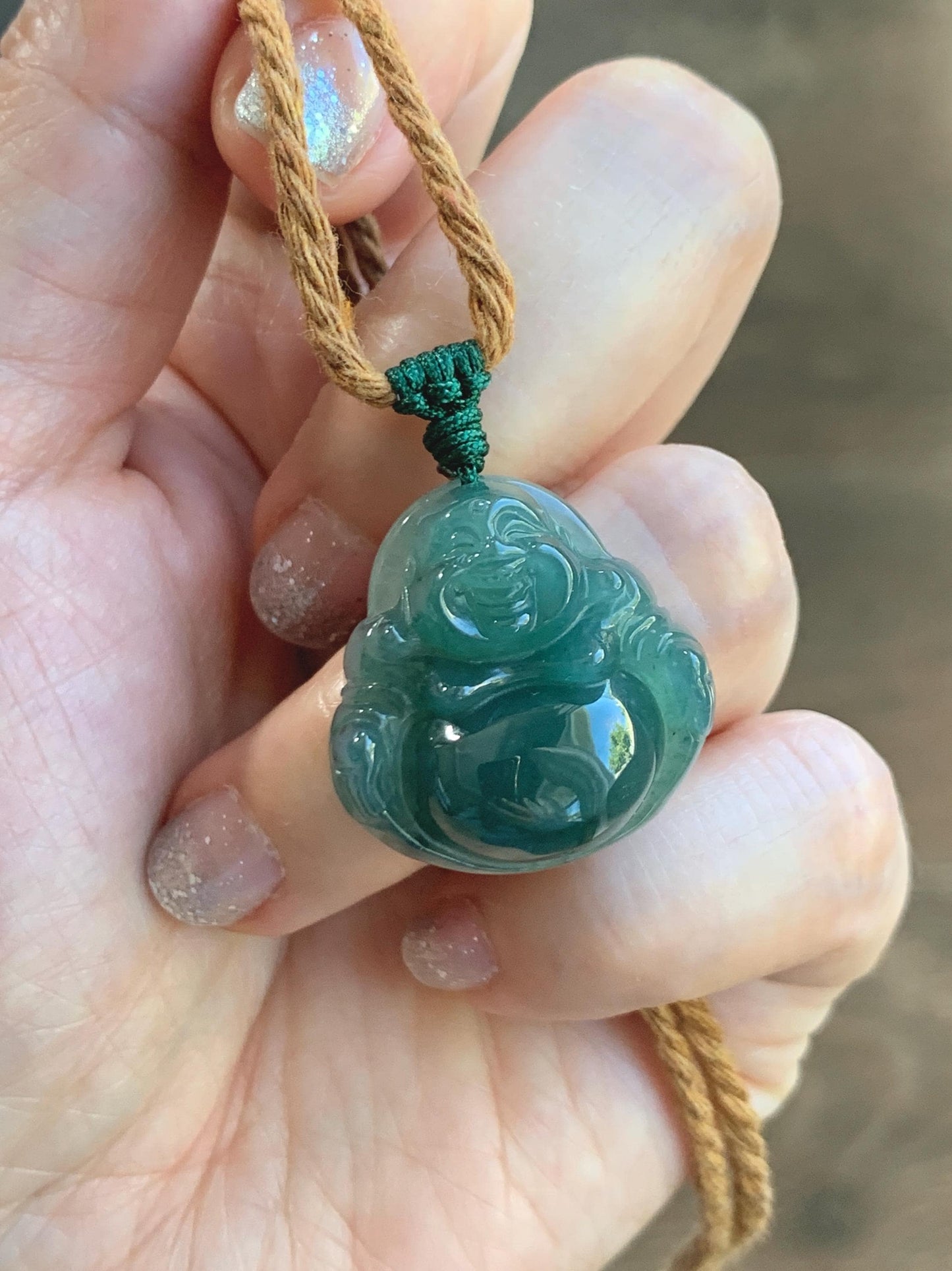 Natural Grade A Guatemalan Icy Translucent Dark Teal Green Jade Jadeite Thick Buddha Pendant Rope Necklace 26.5" 9g 天然冰危蓝绿翡翠厚佛公吊坠 HWF88