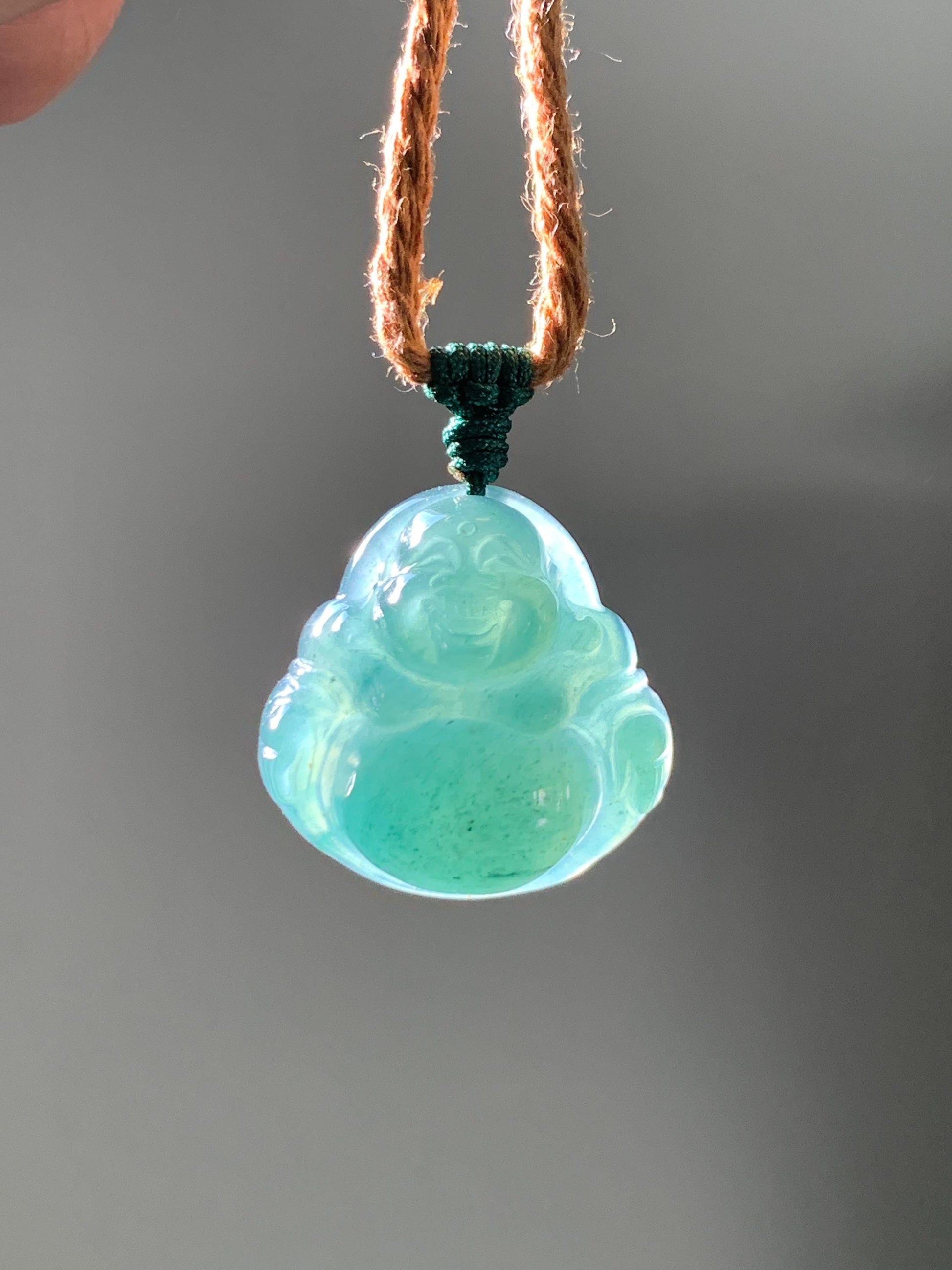 Natural Grade A Guatemalan Icy Translucent Dark Teal Green Jade Jadeite Thick Buddha Pendant Rope Necklace 26.5" 9g 天然冰危蓝绿翡翠厚佛公吊坠 HWF88