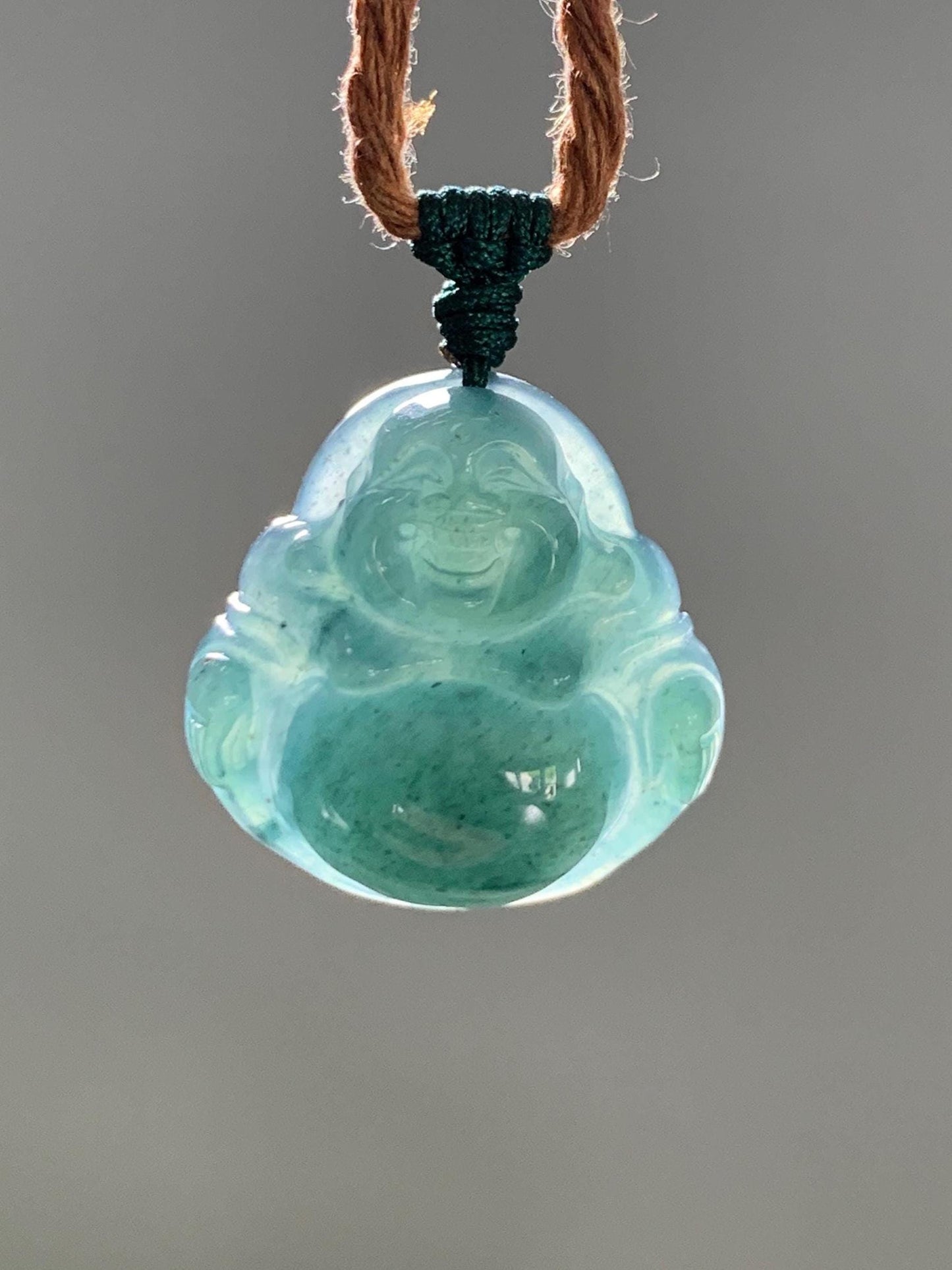 Natural Grade A Guatemalan Icy Translucent Dark Teal Green Jade Jadeite Thick Buddha Pendant Rope Necklace 26.5" 9g 天然冰危蓝绿翡翠厚佛公吊坠 HWF88