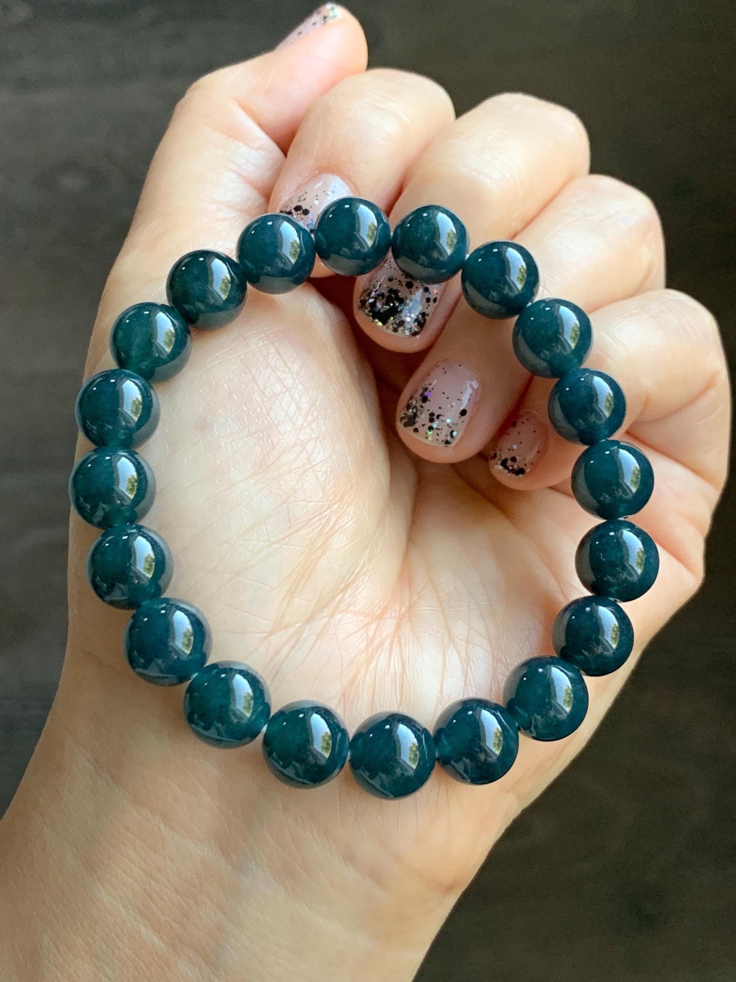 Natural Grade A Guatemalan Icy Translucent Dark Aegean Blue Jade Jadeite Beaded Bracelet 9.8mm 7.25” 33g 天然冰危深牛仔蓝翡翠圆珠手串 SNJ880A