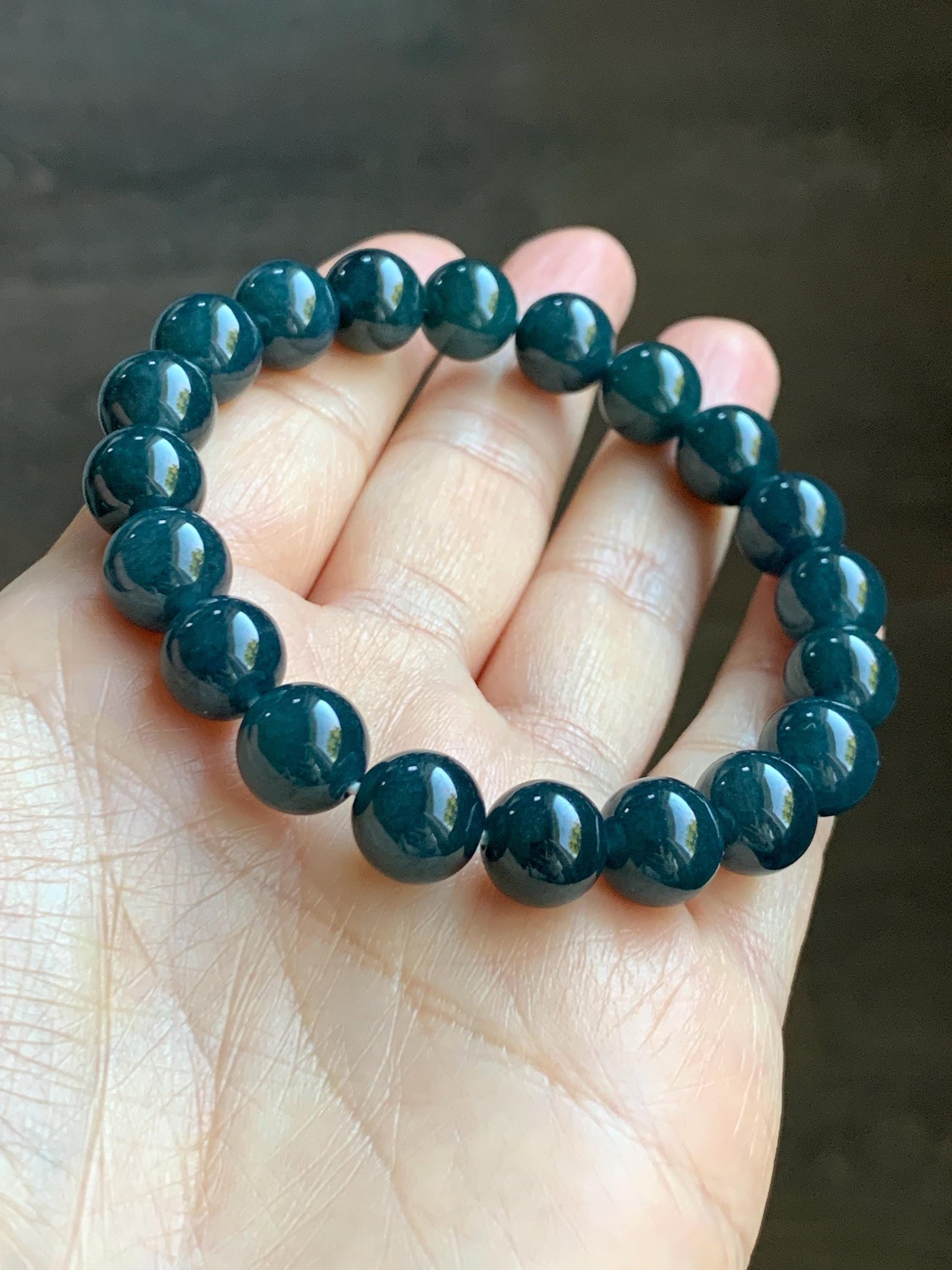 Natural Grade A Guatemalan Icy Translucent Dark Aegean Blue Jade Jadeite Beaded Bracelet 9.8mm 7.25” 33g 天然冰危深牛仔蓝翡翠圆珠手串 SNJ880A