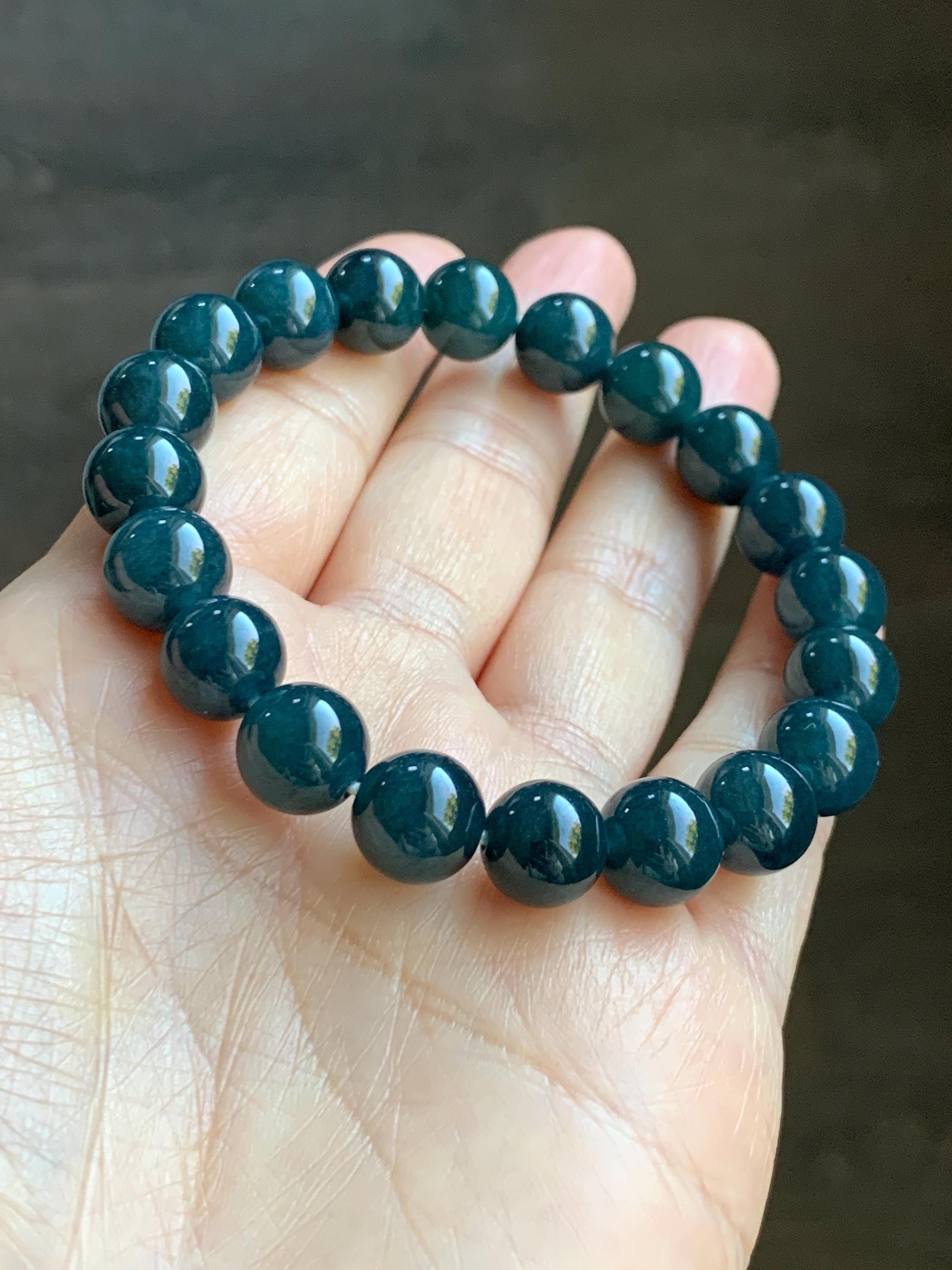 Natural Grade A Guatemalan Icy Translucent Dark Aegean Blue Jade Jadeite Beaded Bracelet 9.8mm 7.25” 33g 天然冰危深牛仔蓝翡翠圆珠手串 SNJ880A