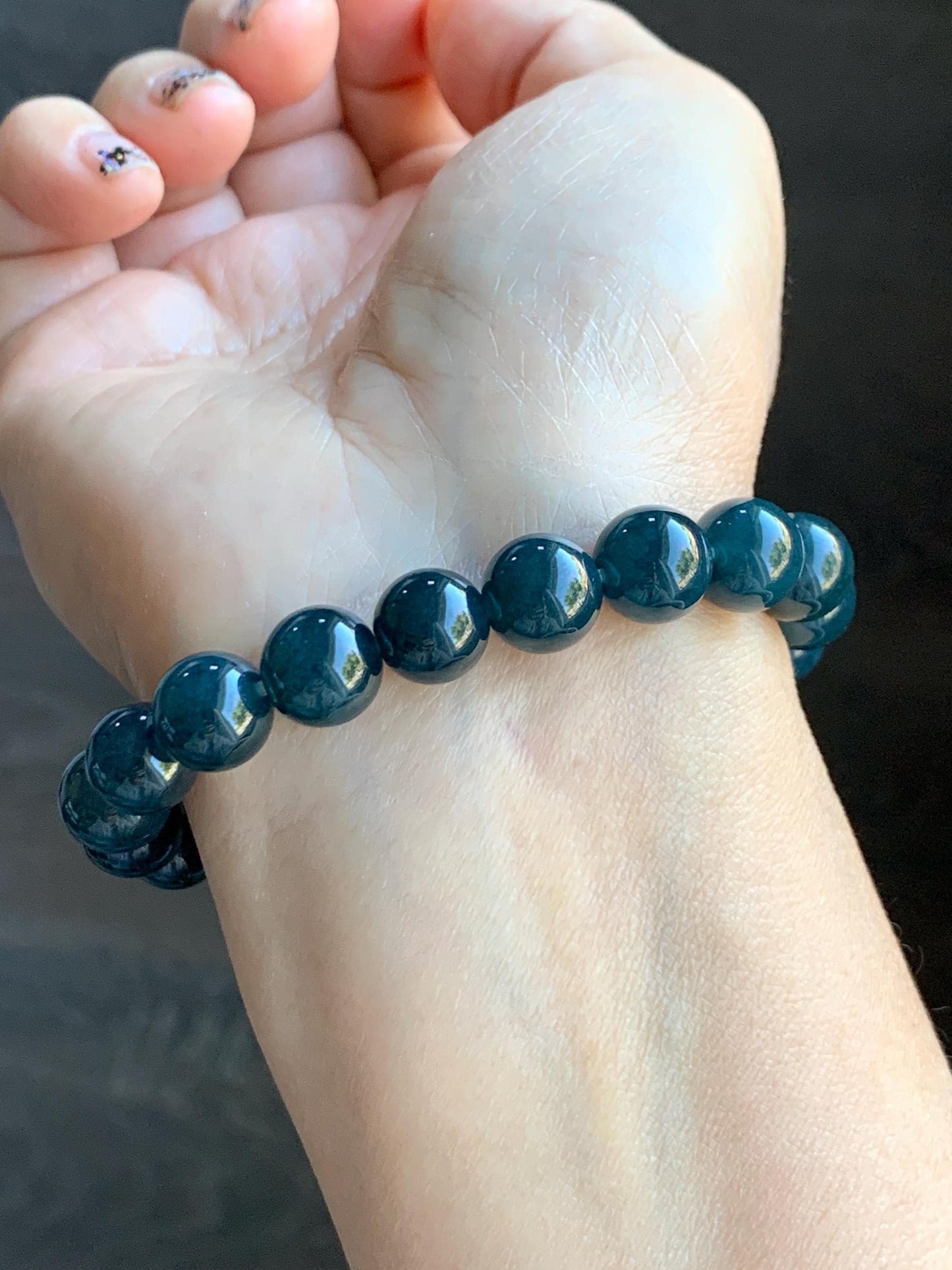 Natural Grade A Guatemalan Icy Translucent Dark Aegean Blue Jade Jadeite Beaded Bracelet 9.8mm 7.25” 33g 天然冰危深牛仔蓝翡翠圆珠手串 SNJ880A