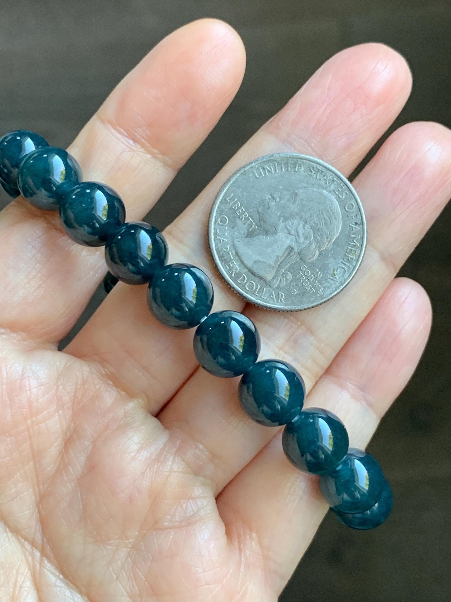 Natural Grade A Guatemalan Icy Translucent Dark Aegean Blue Jade Jadeite Beaded Bracelet 9.8mm 7.25” 33g 天然冰危深牛仔蓝翡翠圆珠手串 SNJ880A