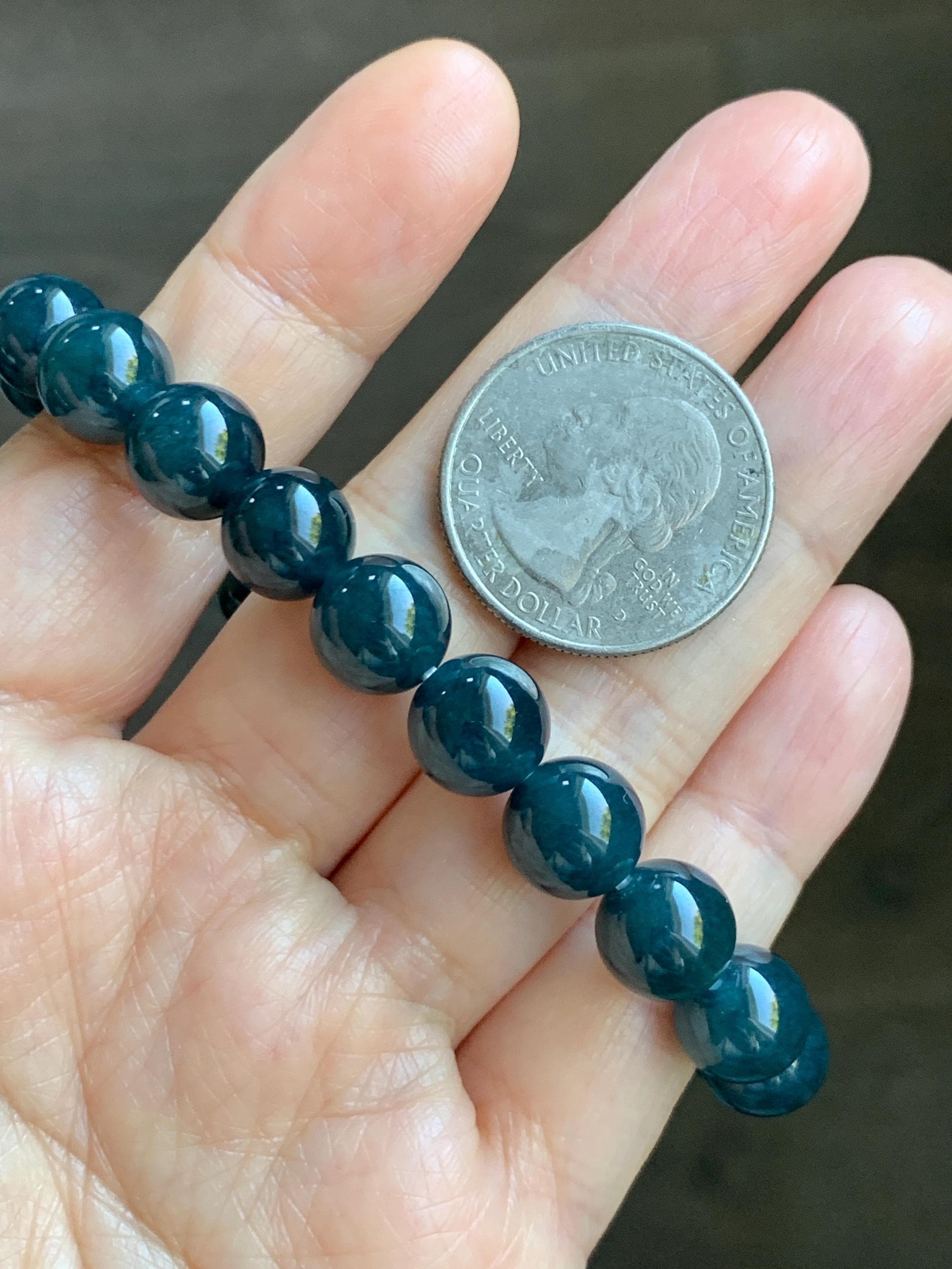 Natural Grade A Guatemalan Icy Translucent Dark Aegean Blue Jade Jadeite Beaded Bracelet 9.8mm 7.25” 33g 天然冰危深牛仔蓝翡翠圆珠手串 SNJ880A