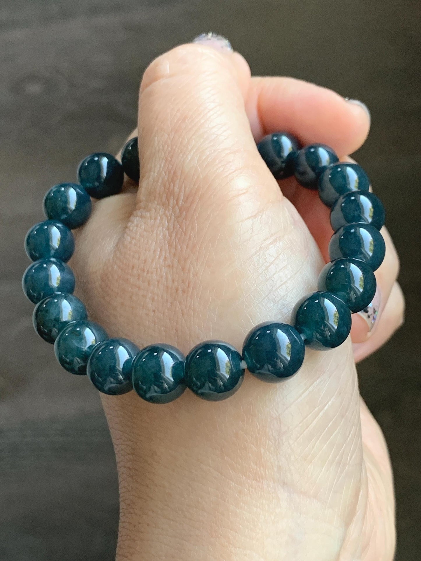 Natural Grade A Guatemalan Icy Translucent Dark Aegean Blue Jade Jadeite Beaded Bracelet 9.8mm 7.25” 33g 天然冰危深牛仔蓝翡翠圆珠手串 SNJ880A
