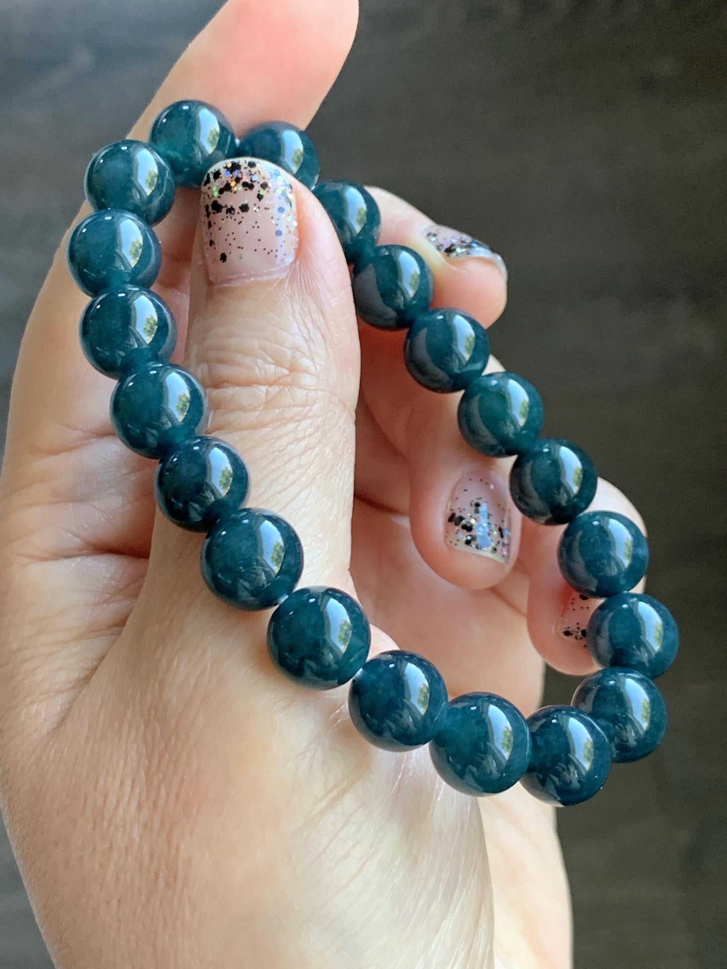 Natural Grade A Guatemalan Icy Translucent Dark Aegean Blue Jade Jadeite Beaded Bracelet 9.8mm 7.25” 33g 天然冰危深牛仔蓝翡翠圆珠手串 SNJ880A