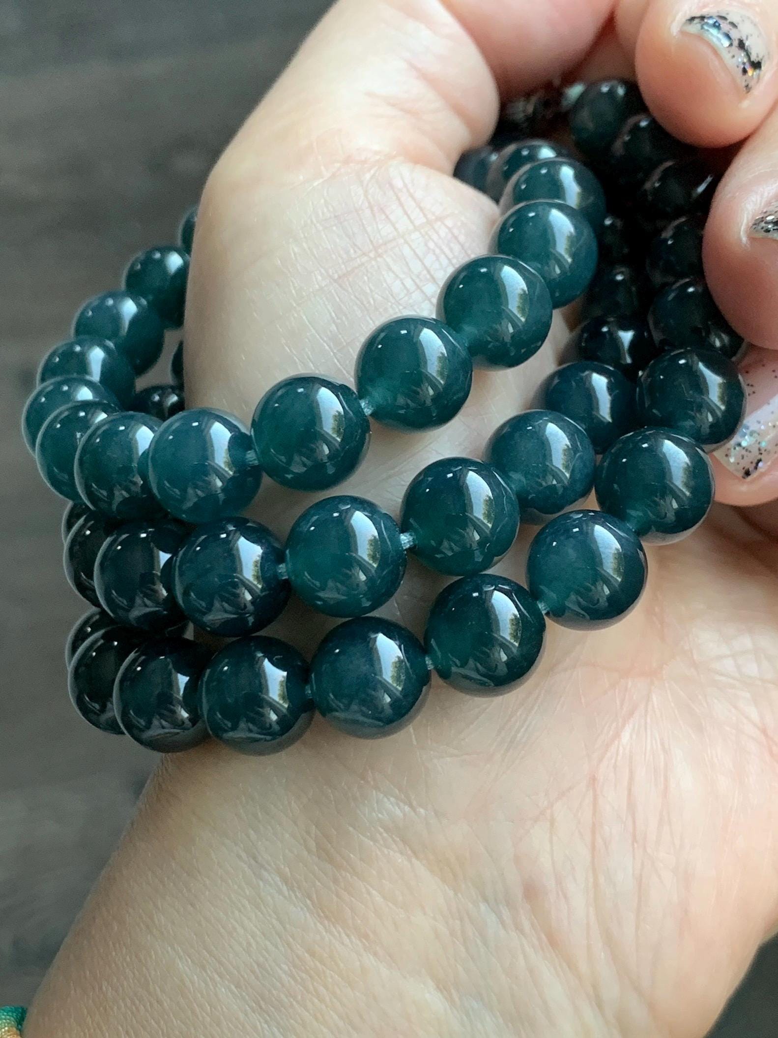 Natural Grade A Guatemalan Icy Translucent Dark Aegean Blue Jade Jadeite Beaded Necklace 23.25” 95g Sterling Silver 天然冰胶危深牛仔蓝翡翠大卡圆珠项链SNJL688