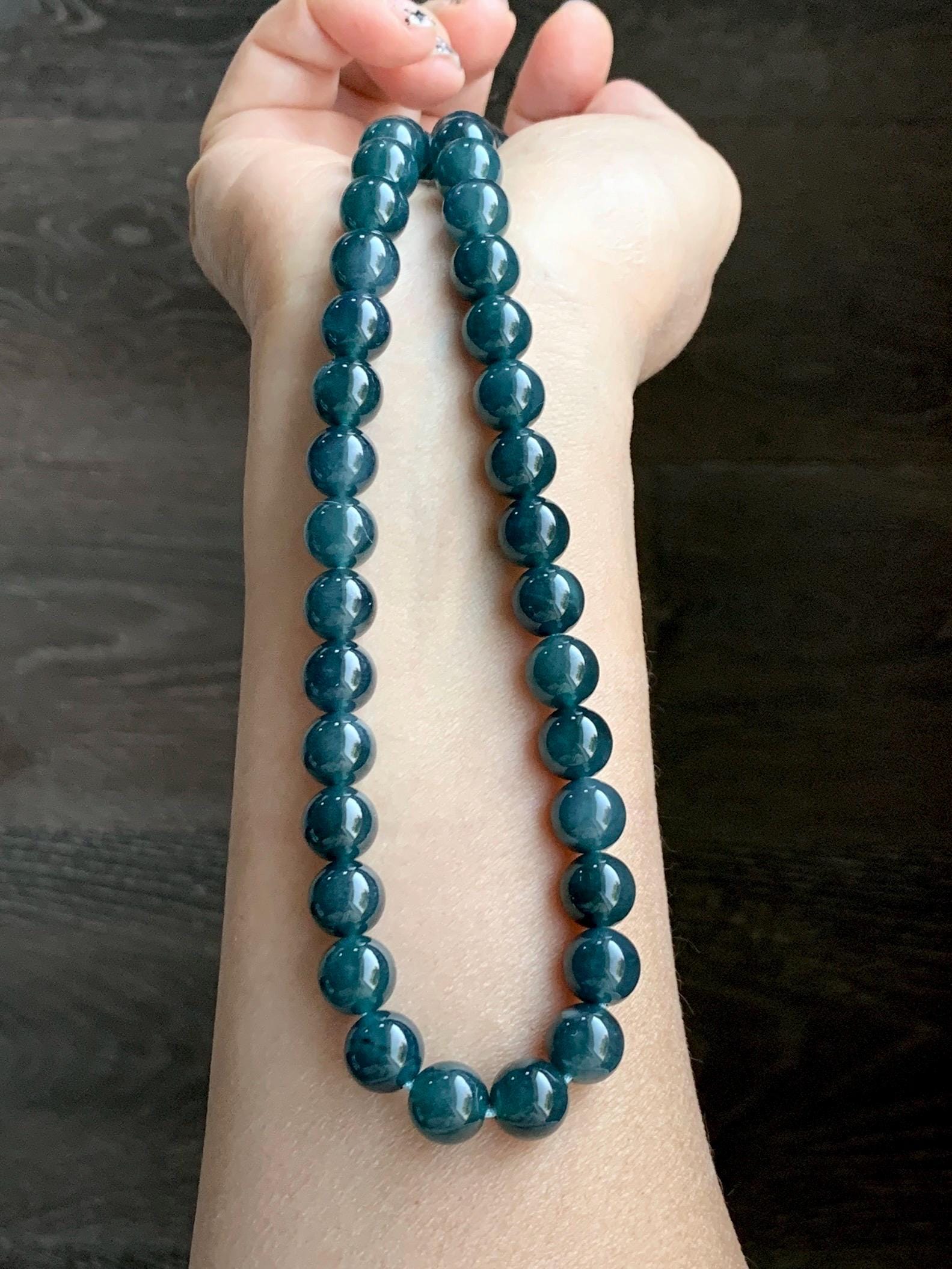 Natural Grade A Guatemalan Icy Translucent Dark Aegean Blue Jade Jadeite Beaded Necklace 23.25” 95g Sterling Silver 天然冰胶危深牛仔蓝翡翠大卡圆珠项链SNJL688