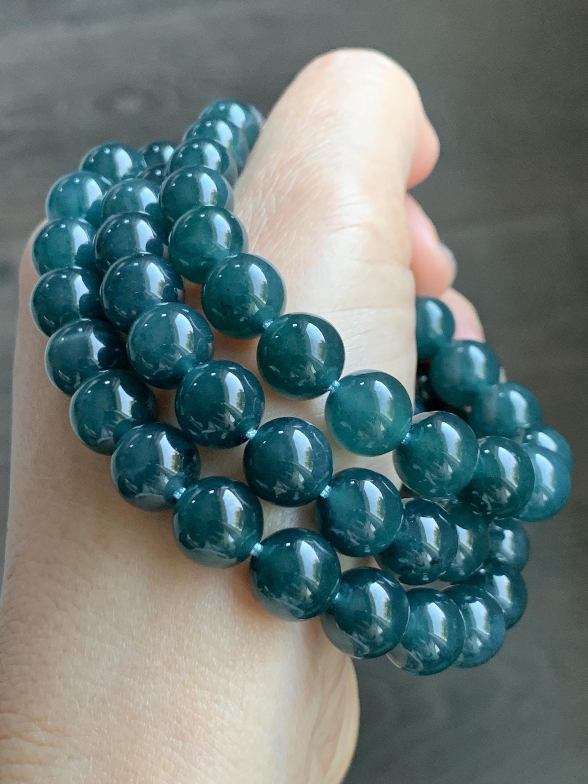 Natural Grade A Guatemalan Icy Translucent Dark Aegean Blue Jade Jadeite Beaded Necklace 23.25” 95g Sterling Silver 天然冰胶危深牛仔蓝翡翠大卡圆珠项链SNJL688