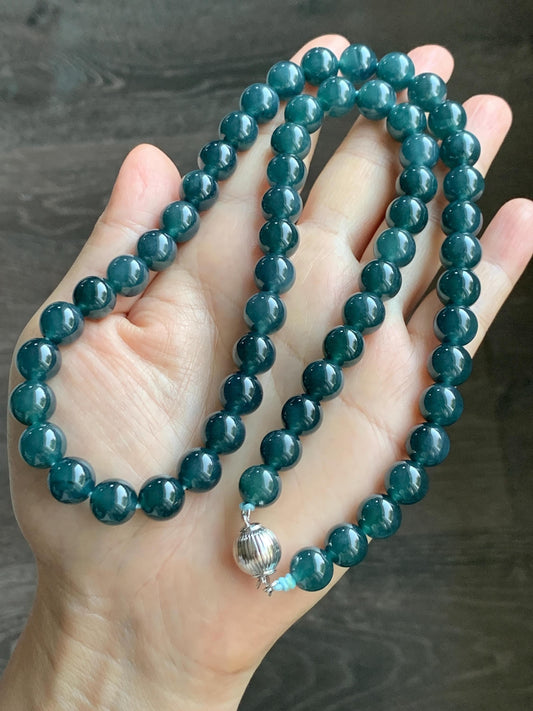 Natural Grade A Guatemalan Icy Translucent Dark Aegean Blue Jade Jadeite Beaded Necklace 23.25” 95g Sterling Silver 天然冰胶危深牛仔蓝翡翠大卡圆珠项链SNJL688