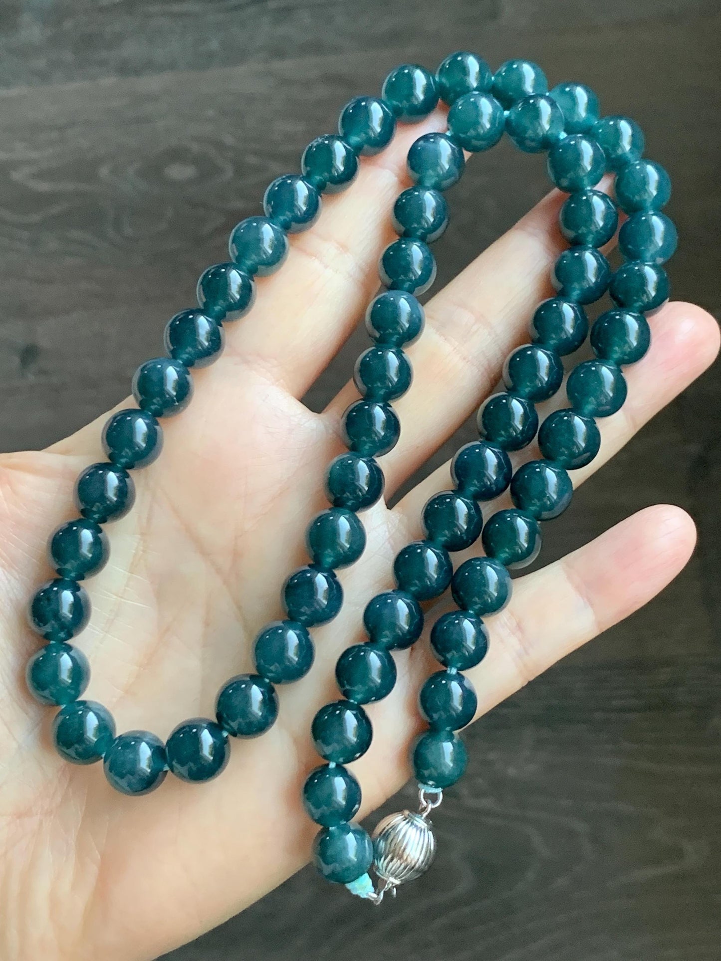 Natural Grade A Guatemalan Icy Translucent Dark Aegean Blue Jade Jadeite Beaded Necklace 23.25” 95g Sterling Silver 天然冰胶危深牛仔蓝翡翠大卡圆珠项链SNJL688