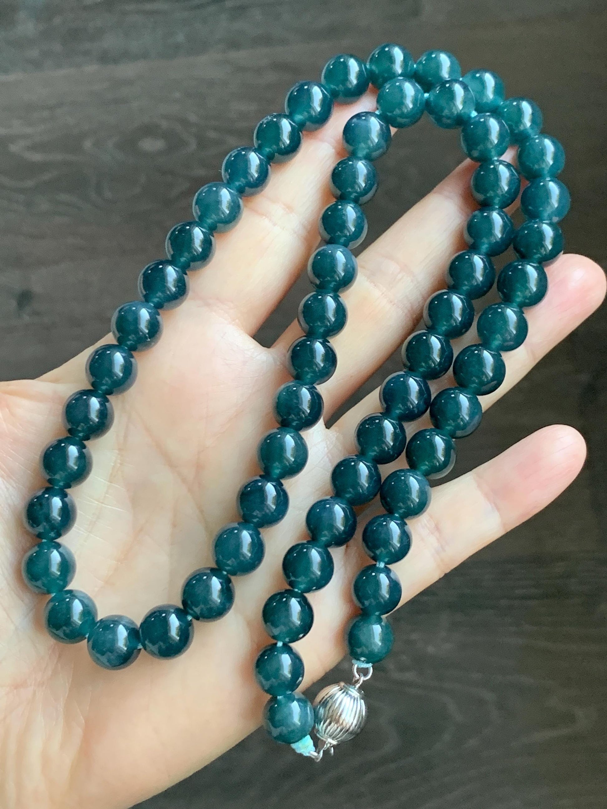 Natural Grade A Guatemalan Icy Translucent Dark Aegean Blue Jade Jadeite Beaded Necklace 23.25” 95g Sterling Silver 天然冰胶危深牛仔蓝翡翠大卡圆珠项链SNJL688