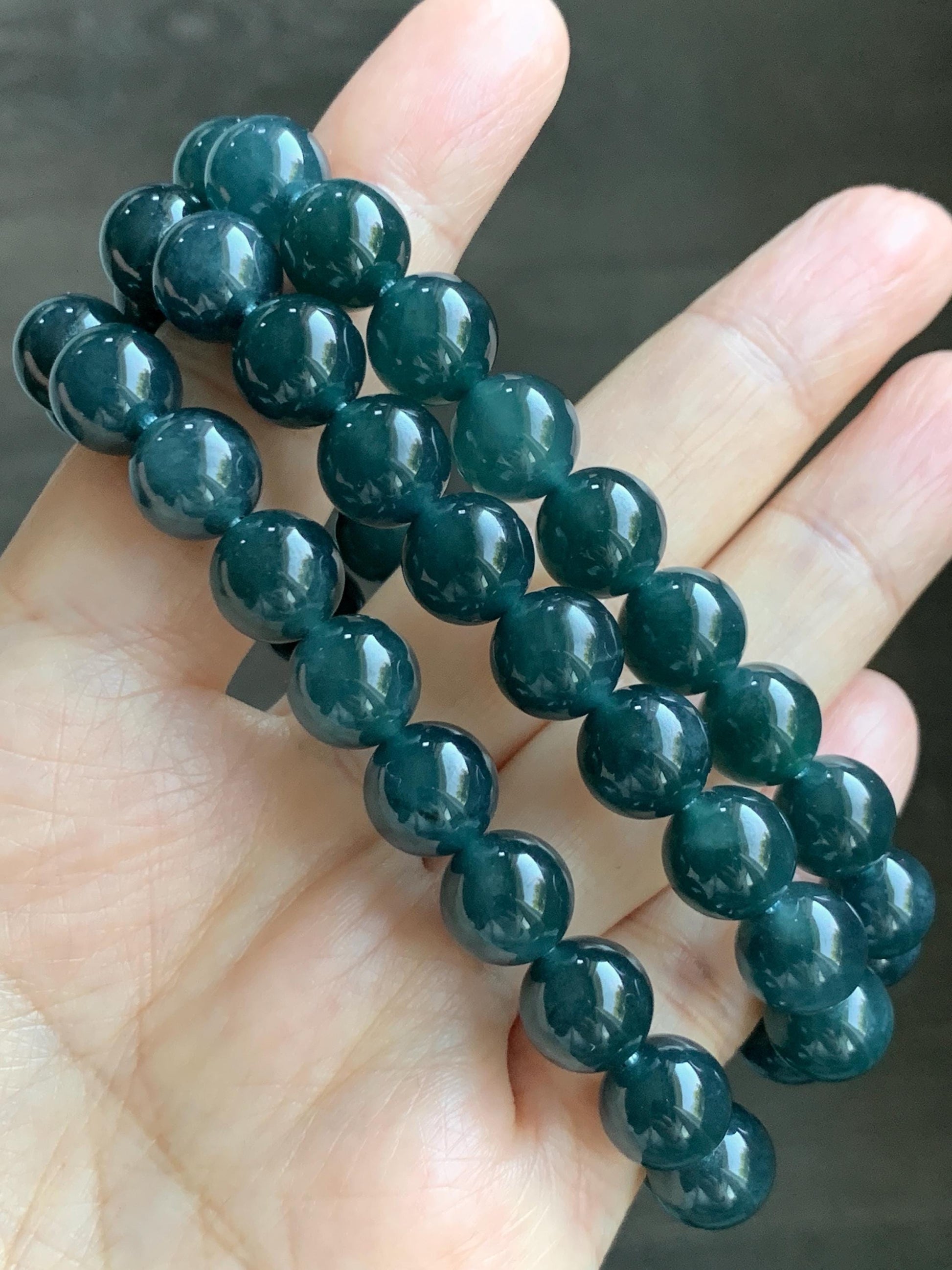 Natural Grade A Guatemalan Icy Translucent Dark Aegean Blue Jade Jadeite Beaded Necklace 23.25” 95g Sterling Silver 天然冰胶危深牛仔蓝翡翠大卡圆珠项链SNJL688