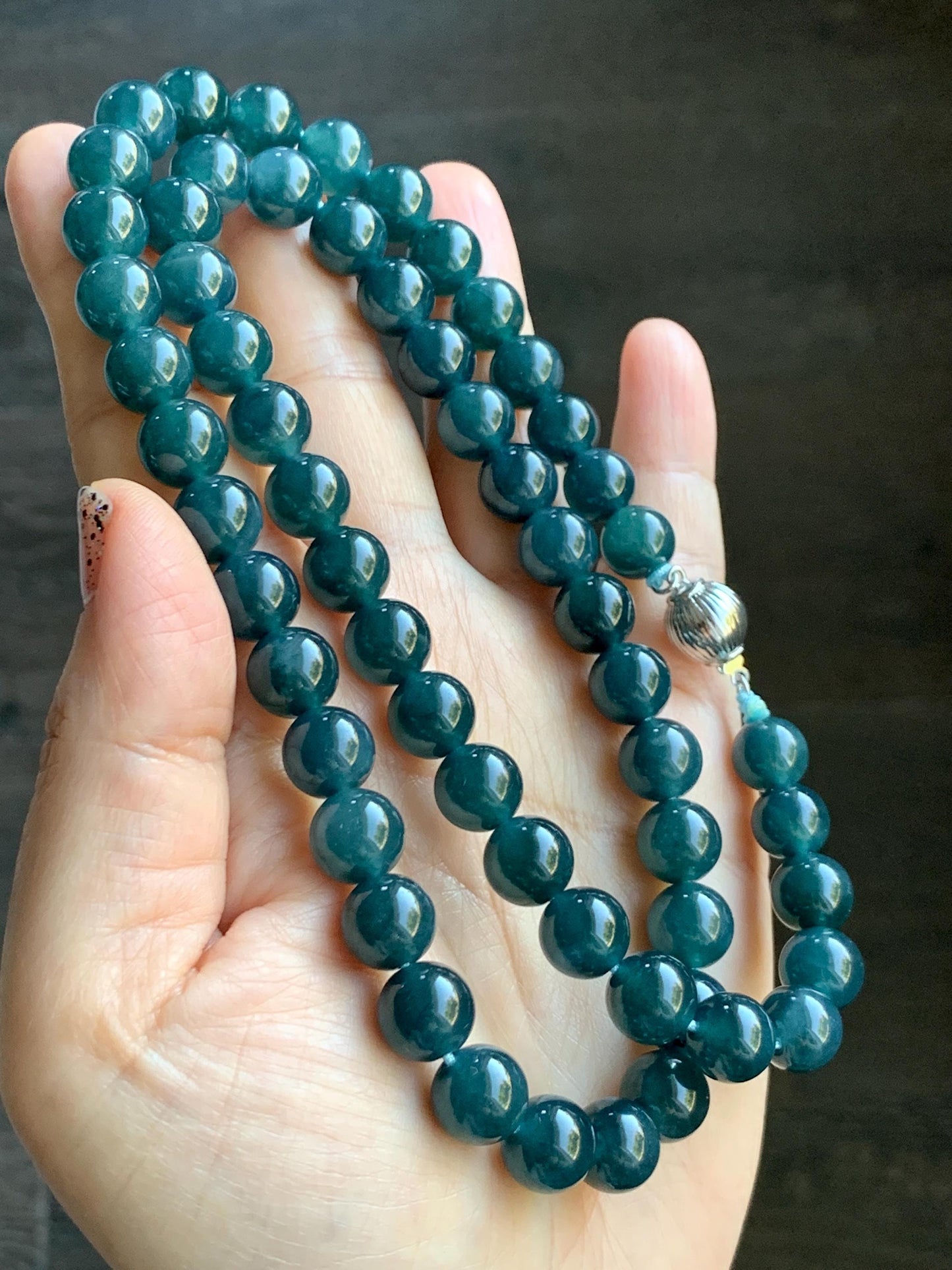 Natural Grade A Guatemalan Icy Translucent Dark Aegean Blue Jade Jadeite Beaded Necklace 23.25” 95g Sterling Silver 天然冰胶危深牛仔蓝翡翠大卡圆珠项链SNJL688